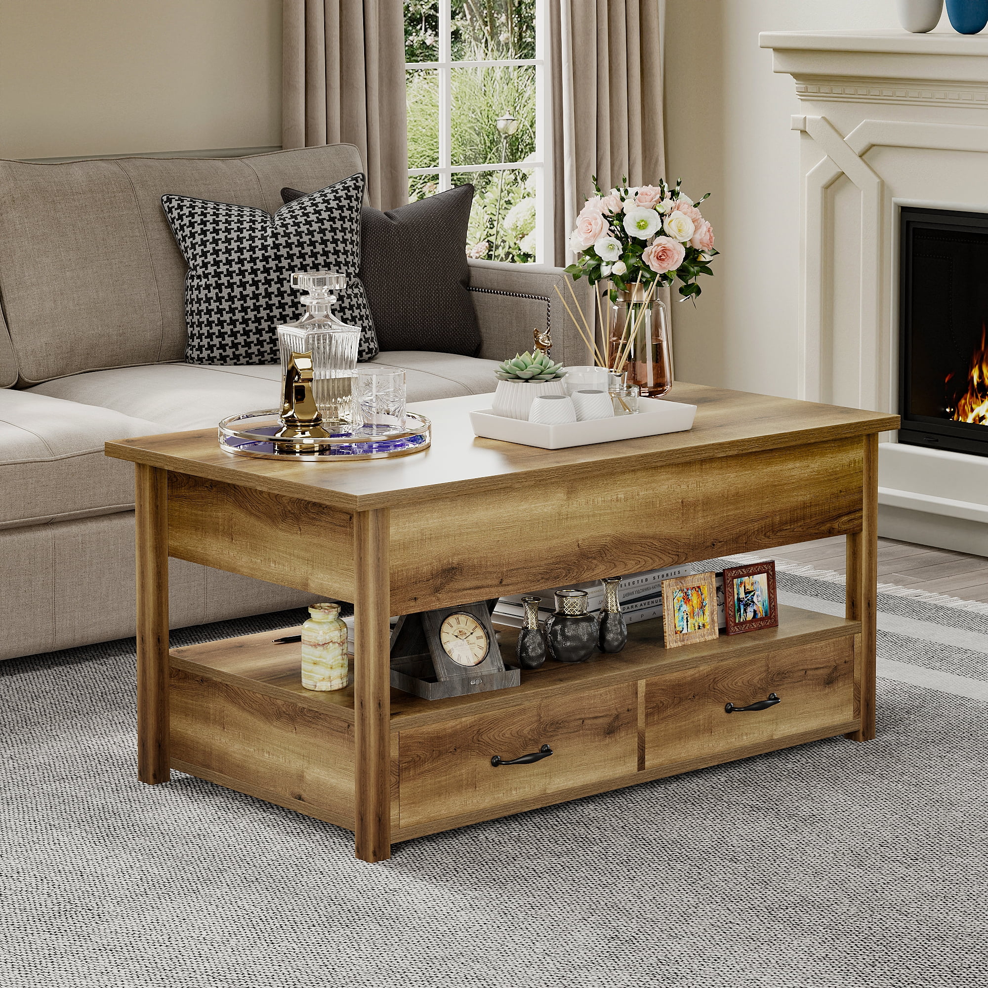Dextrus Wood Lift Top Coffee Tables with 2 Storage Drawers for Living Room Office, Rustic Brown - Image 5