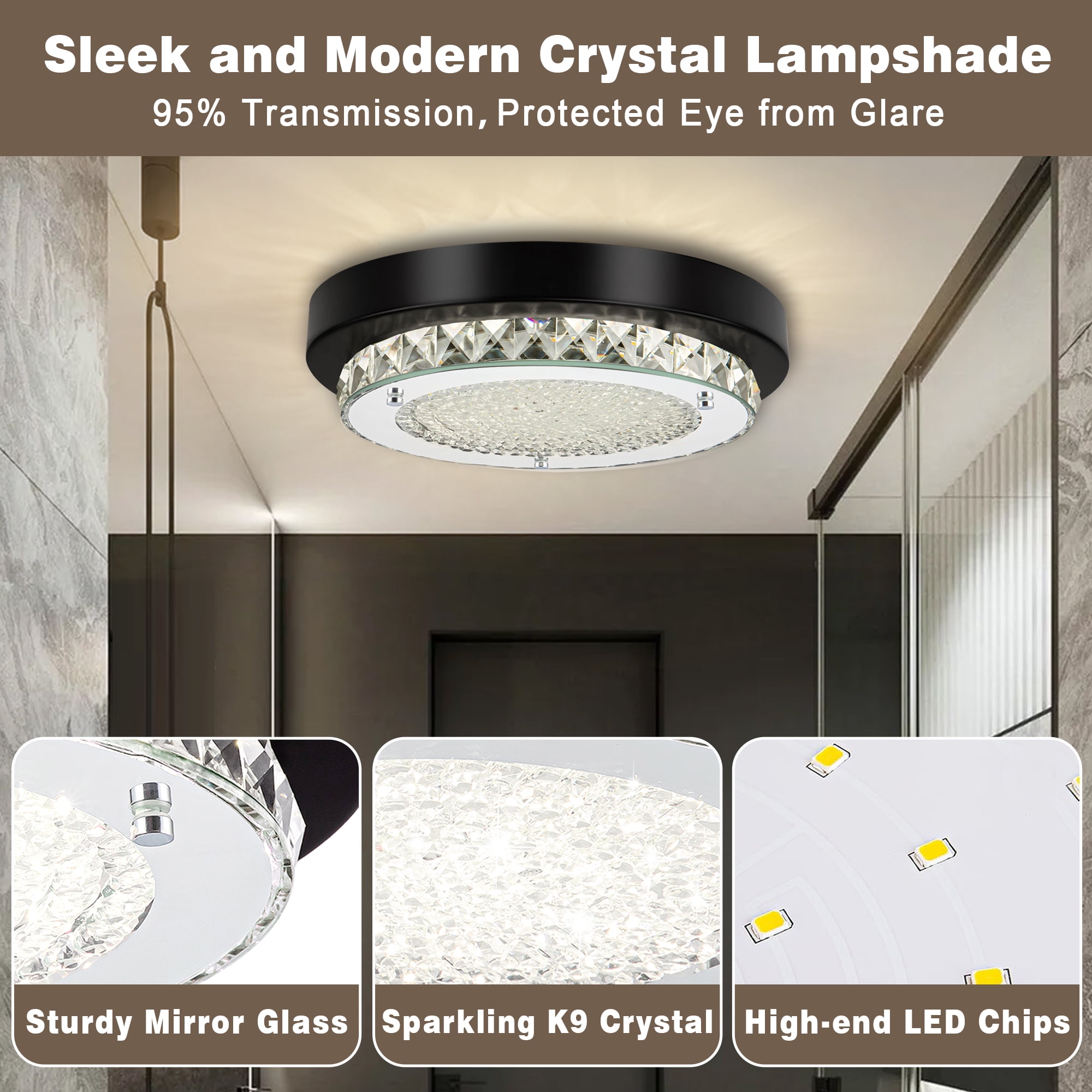 Uznhty Black Ceiling Light Fixture 9.8 Inch Crystal Ceiling Light LED Kitchen Lighting Fixtures Ceiling for Hallway Laundry Room 4000K Dimmable 12W - Image 2
