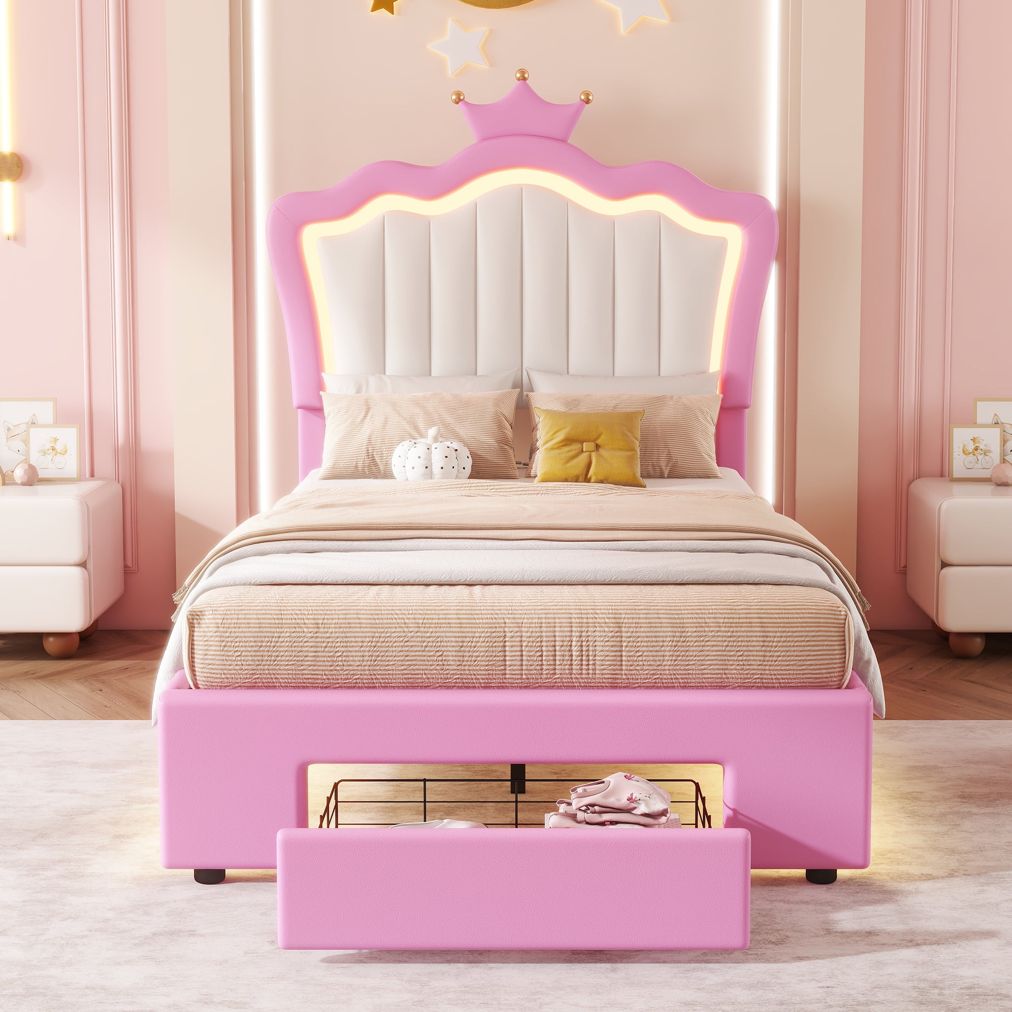 Miniyam Upholstered Twin Size Bed with LED Lights, Crown Headboard for Kids, Pink - Image 5