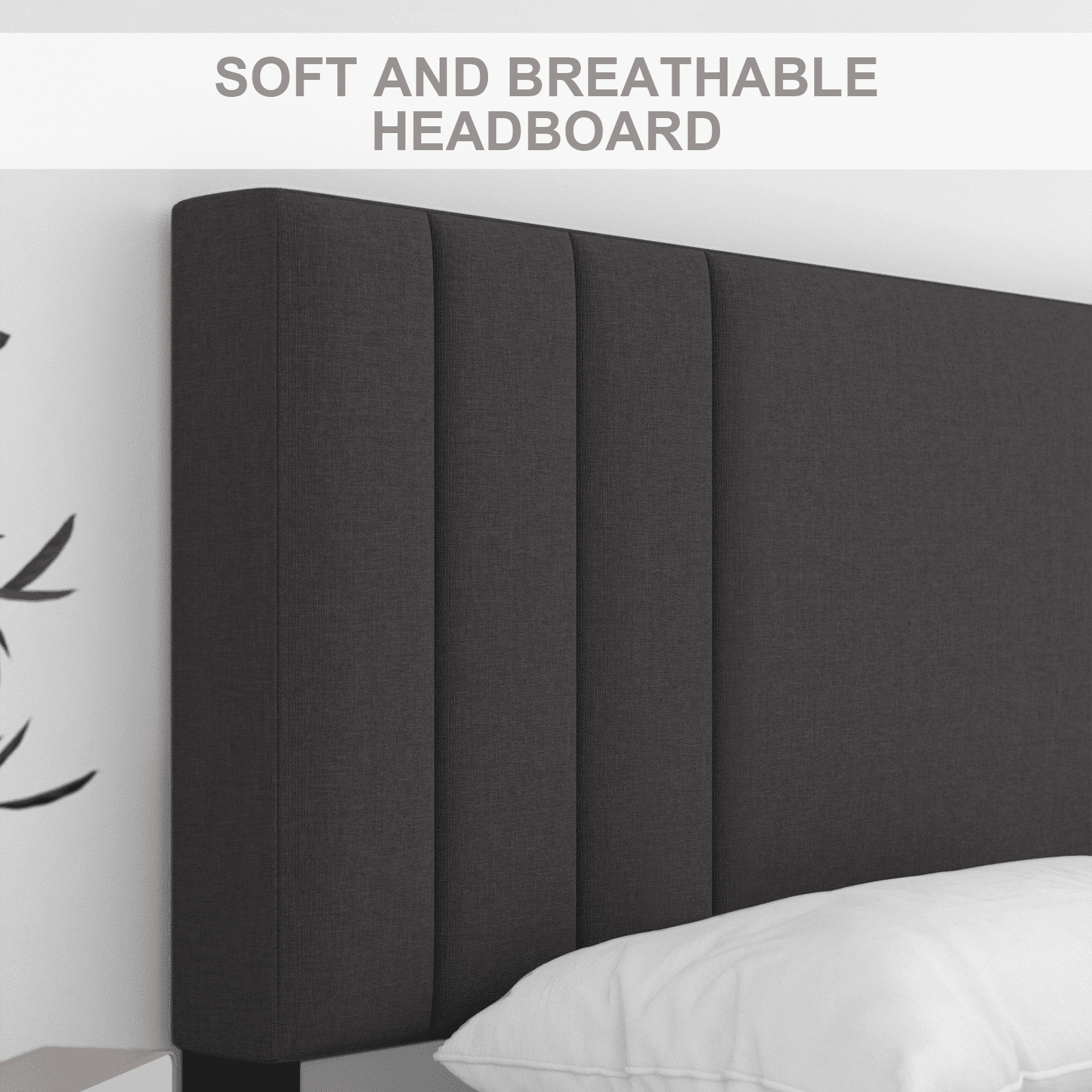 Queen Bed Frame, Lecuneey Platform Bed Frames Queen Size with Fabric Upholstered Headboard, No Box Spring Needed, Grey - Image 2