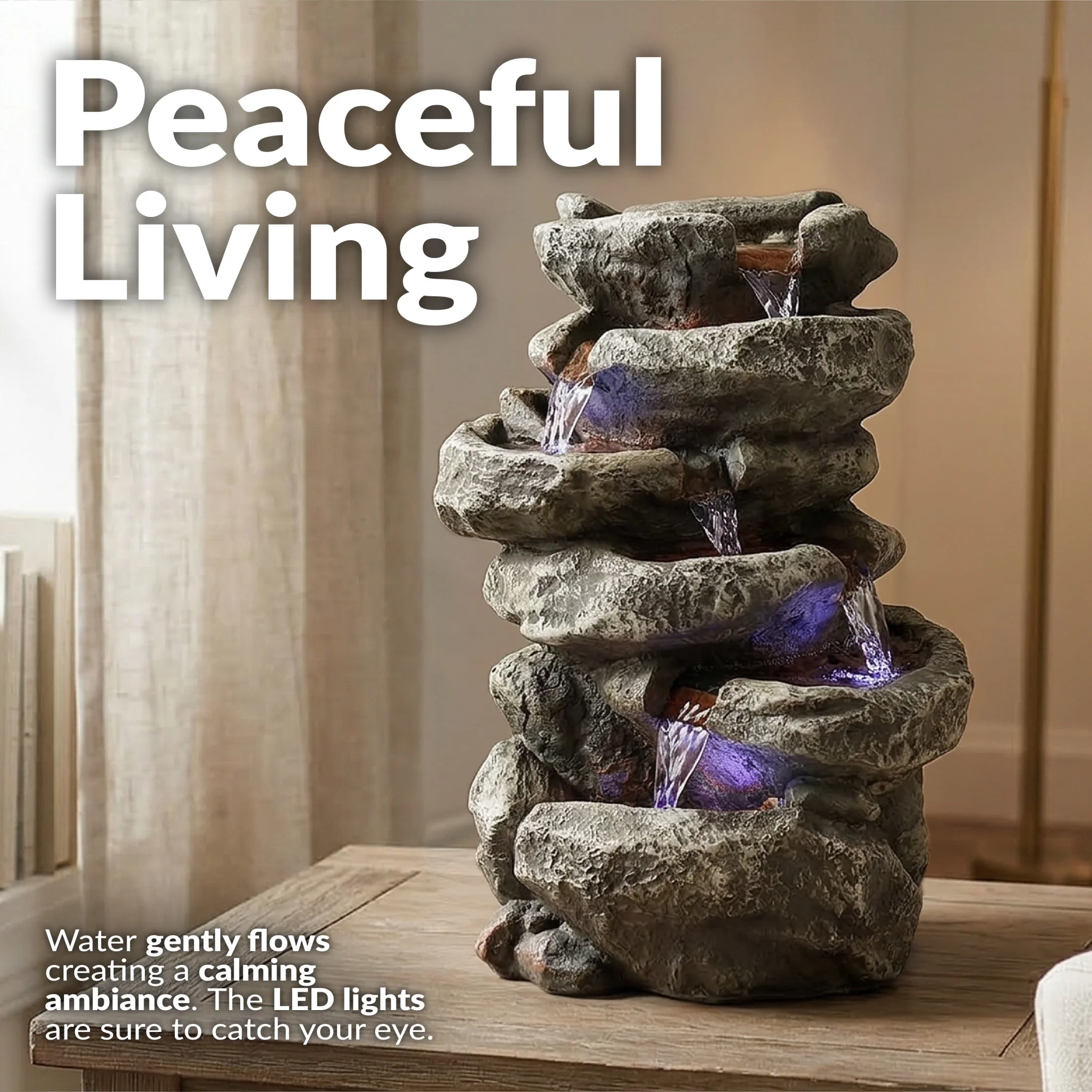 Sunnydaze Stone Falls Rustic Polyresin Gray Tabletop Fountain with LED Lights - Image 9