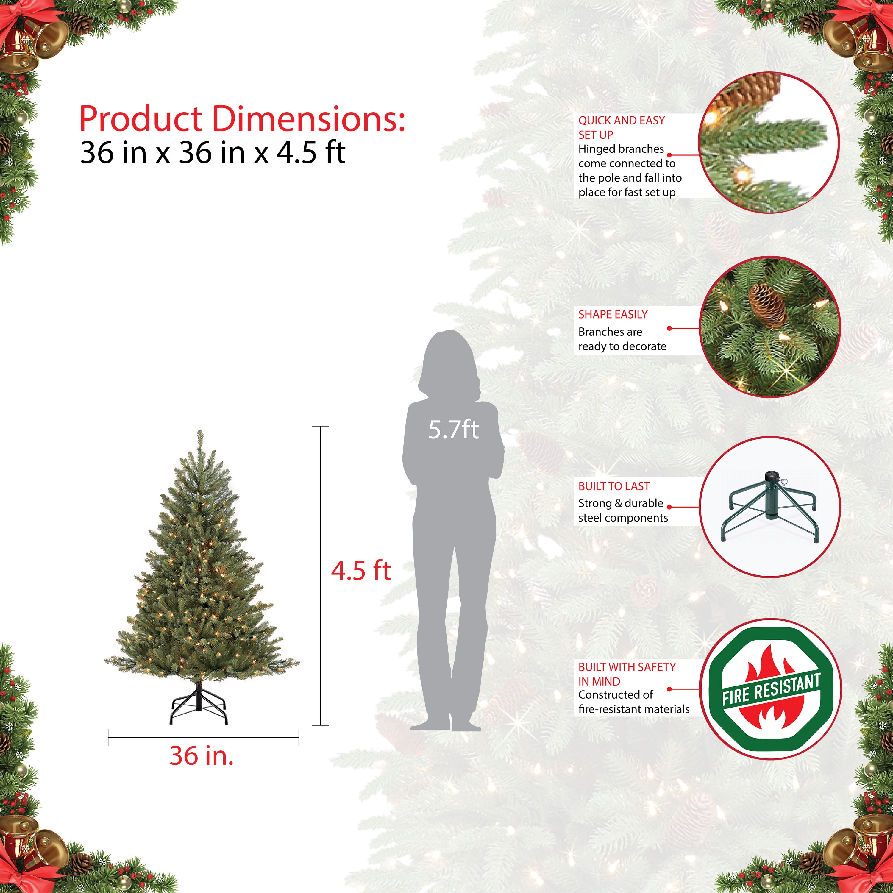 Puleo International 4.5 ft.Pre-Lit Fraser Fir Artificial Christmas Tree with 250 Clear UL listed Lights - Image 4