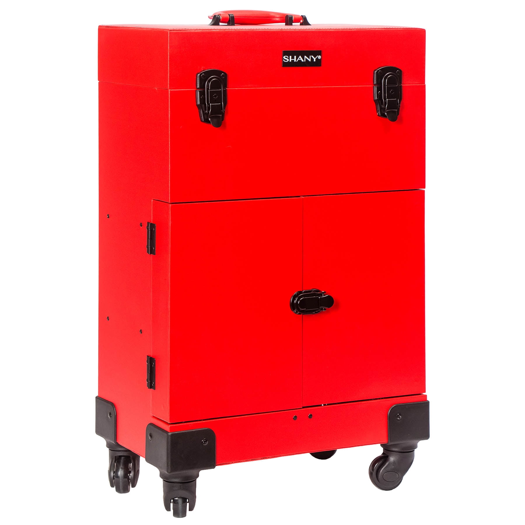 SHANY Large Travel Makeup Case with Mirror - Rolling Cosmetics Case with Multiple Compartments and 360 Degree Wheels - RED - Image 3