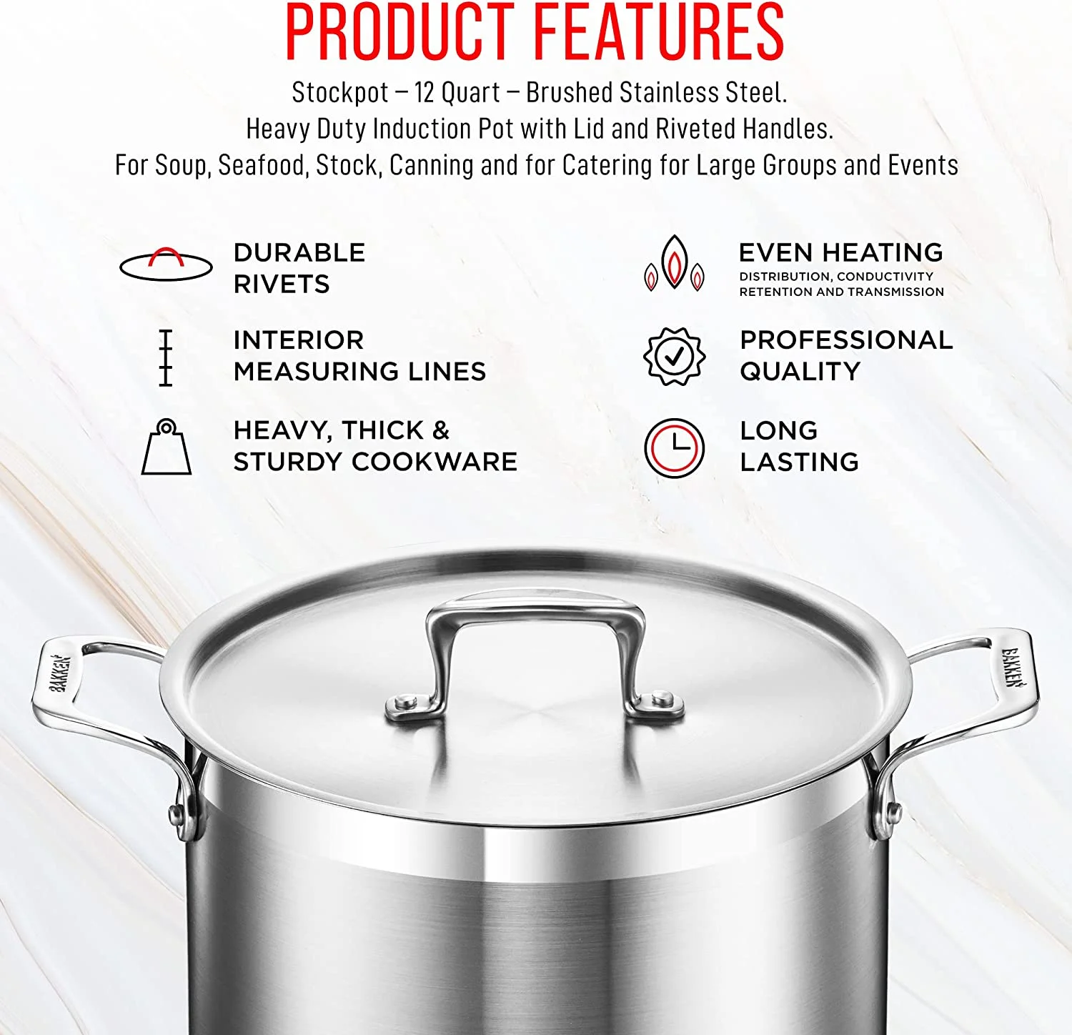 Stockpot – 12 Quart – Brushed Stainless Steel – Heavy Duty Induction Pot with Lid and Riveted Handles – For Soup, Seafood, Stock, Canning and for Catering for Large Groups and Events by BAKKEN - Image 3