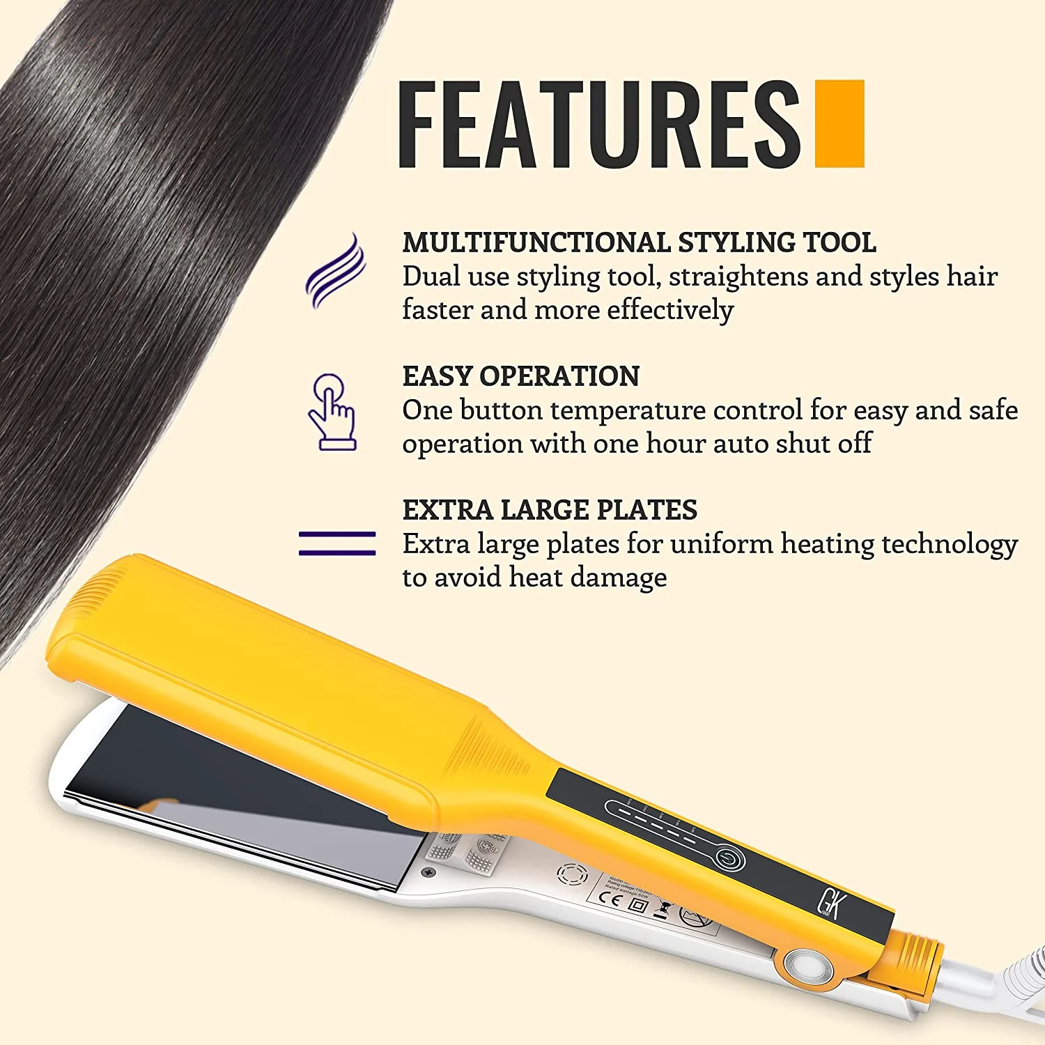 Global Keratin One Control Flat Iron Extra Large Titanium Plates One Button Control with Hair Smoothing Thickness Setting and Easy Storage Lock for Thick Curly and All Types of Hair 110-220V by Gkhair - Image 7