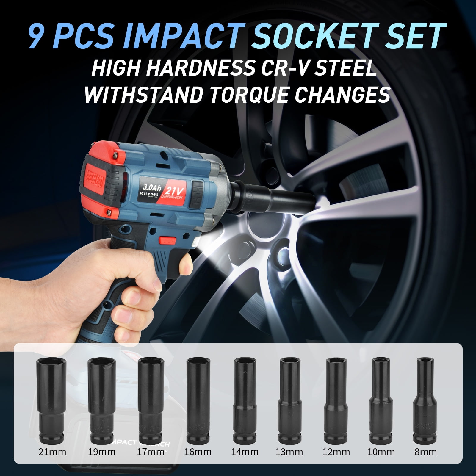 Teanyotink Brushless Cordless Impact Wrench 1/2 inch Max Torque 600Nm Cordless Electric Impact Wrench with 2X 3.0Ah Battery High Power Impact Wrench for Car Home - Image 5