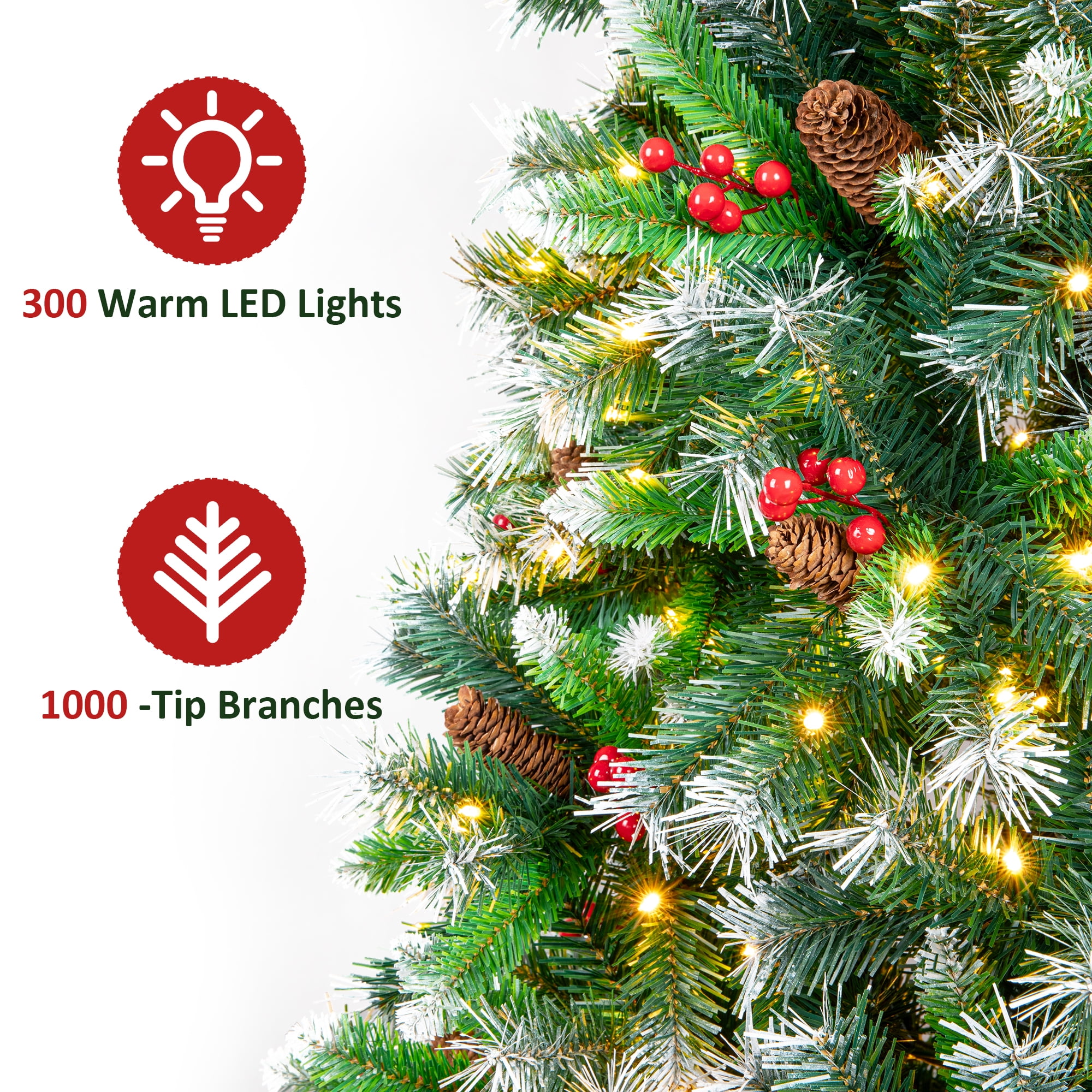 Firstness 6ft Pre-Lit Artificial Christmas Tree,Green Xmas Tree with 1000 Branch Tips 300 LED Lights,Pine Cones + Red Berries - Image 3