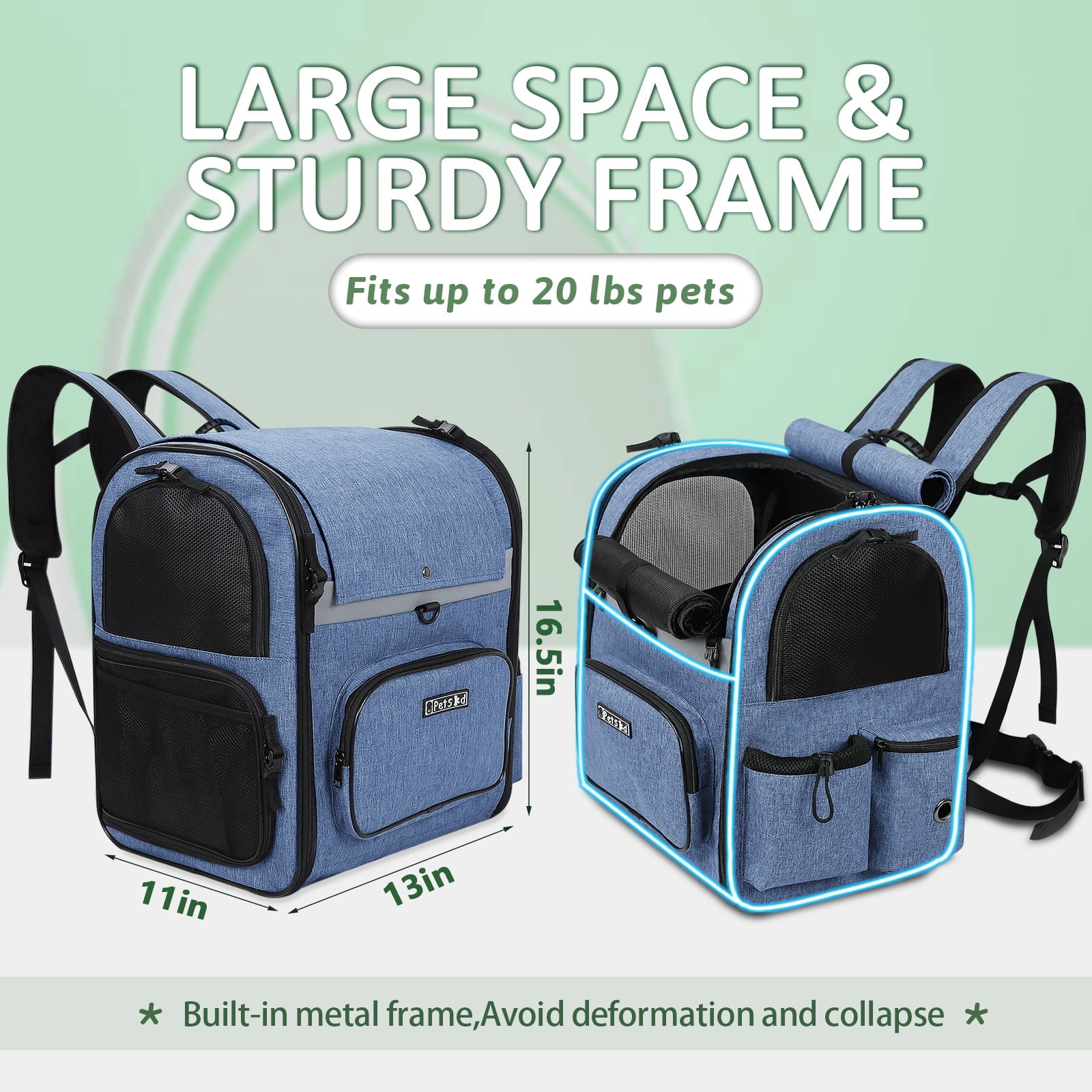 PETSKD Pet Carrier Backpack for Dogs Cats, 13x11x16.5 inches Outdoor Travel Backpack with with Safety Lock Zipperl, Large Space Foldable Backpack for Pets Under 20 lbs, Blue - Image 2