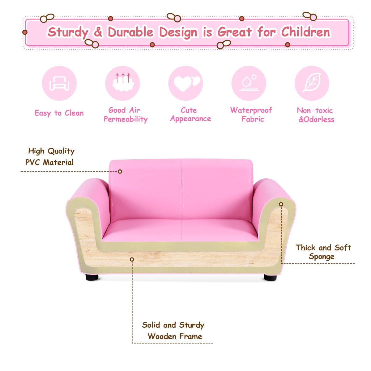 Costway Pink Kids Sofa Armrest Chair Couch Lounge Children Birthday Gift w/ Ottoman - Image 6