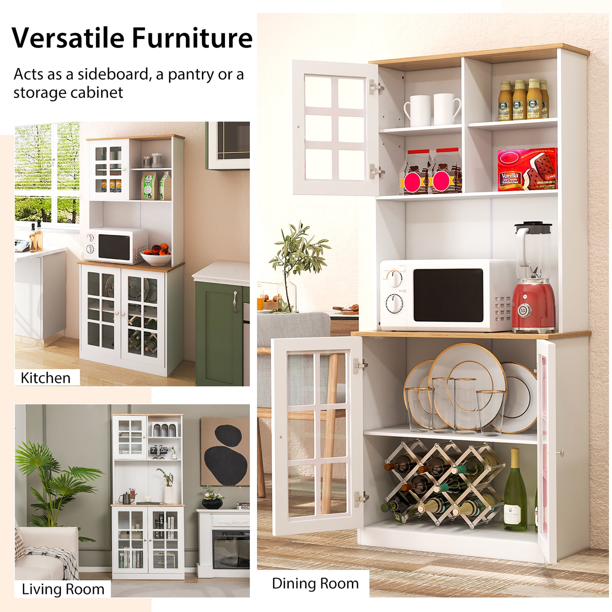 Costway 72'' Freestanding Pantry Cabinet Kitchen Buffet Sideboard Hutch with 3 Doors White - Image 2