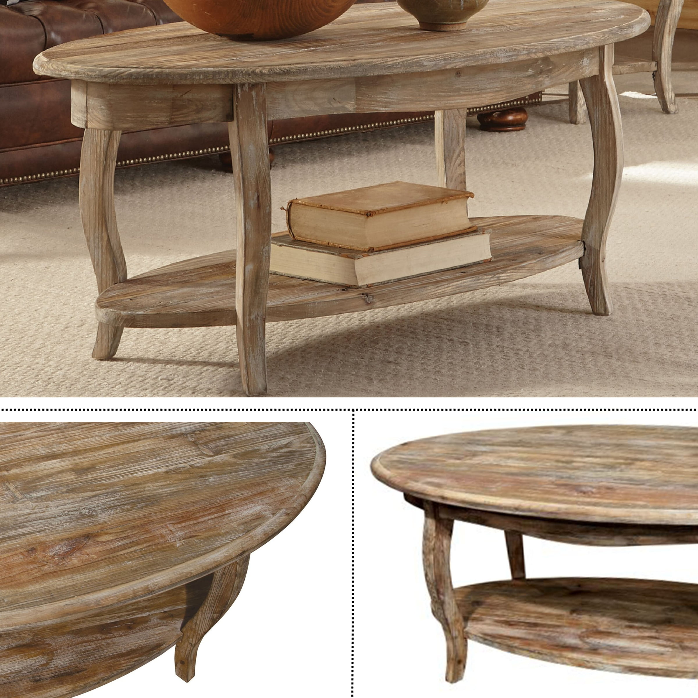 Alaterre Furniture Rustic Oval Coffee Table, Unique Handcrafted Accent Furniture, Curved Legs with Scalloped Edges, Textured Antiquing, Driftwood - Image 6