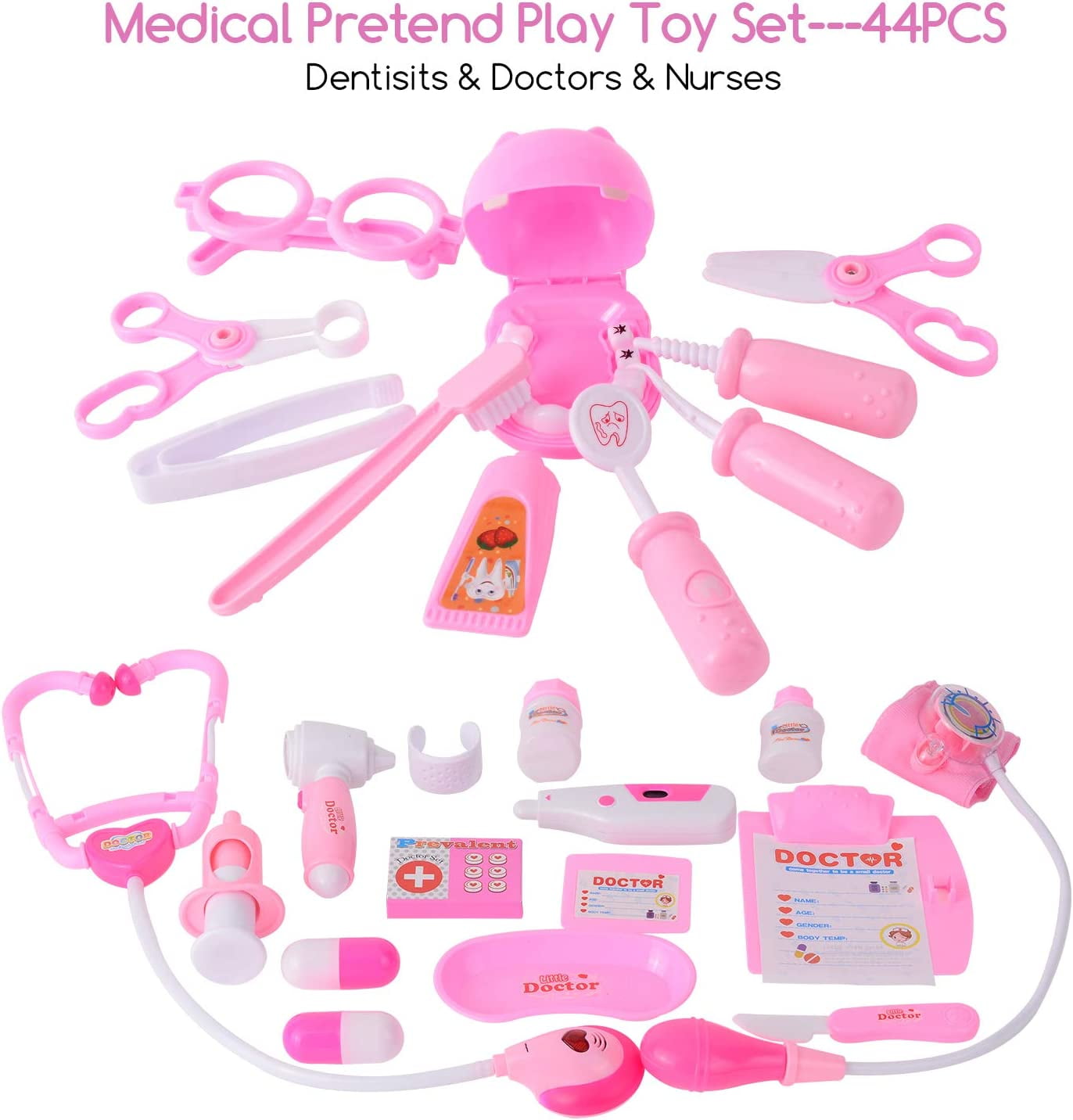 44 Pieces Educational Doctor Pretend Play Toy Set Dentist Medical Kit with Storage Box & Lights & Sounds for Doctor Roleplay-Pink - Image 6