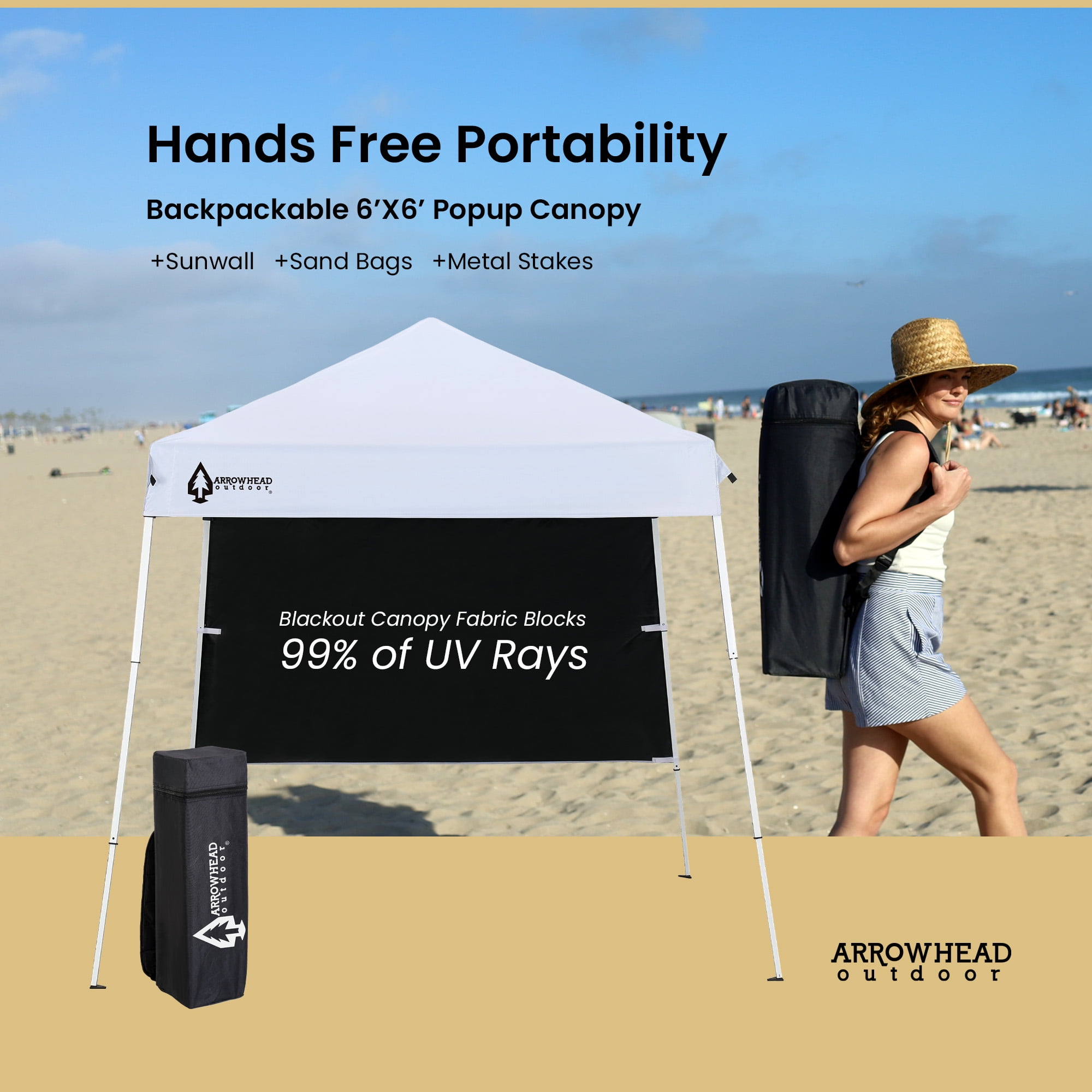 ARROWHEAD OUTDOOR Backpack Pop-up Canopy with Sunwall, Sand Bags, Guide Ropes, Ground Stakes, 6'x6' / 8'x8' Top to Bottom - White - Image 6