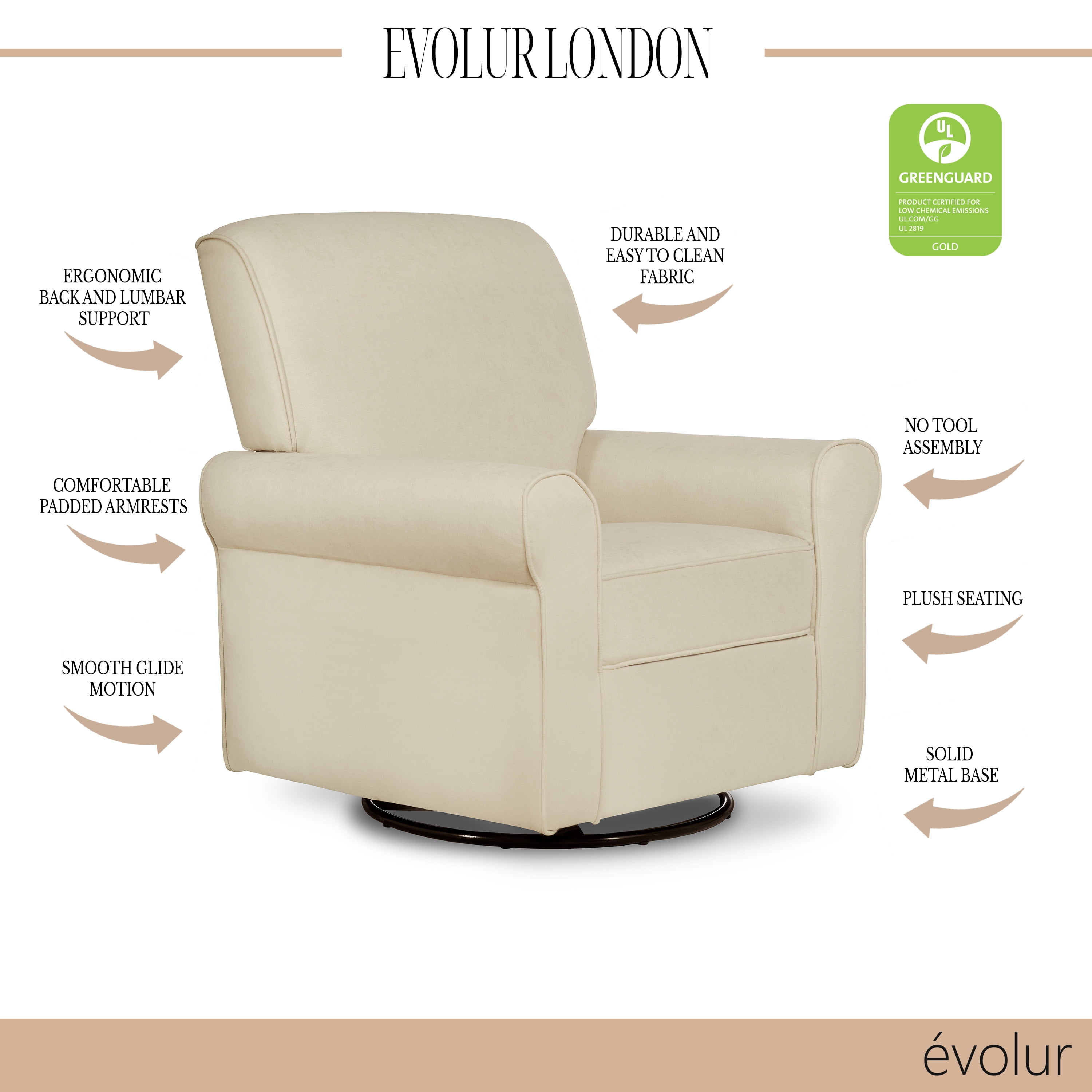 Evolur London Upholstered 360 Swivel l Glider I Rocker I Nursery Glider I Durable Soft Fabric in Beige - Image 7