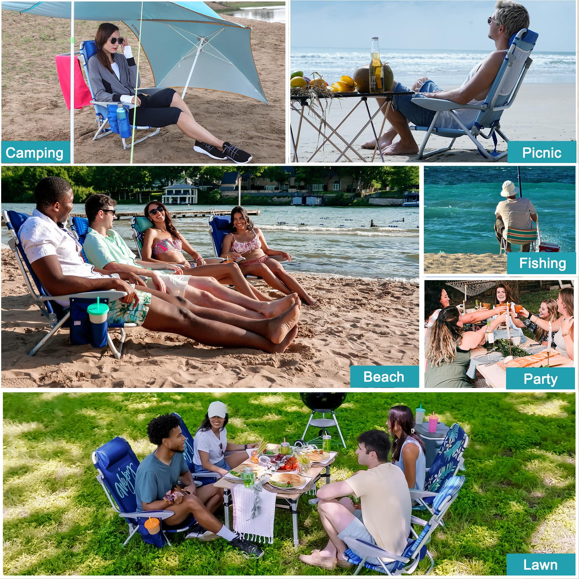 #WEJOY Backpack Beach Chair, 4-Position Adjustable Folding Chair, Aluminum Folding Beach Chair, Low Camping Chair for Adults with Headrest, Cup Holder, Towel Rack, Max Load 265 lbs - Image 4