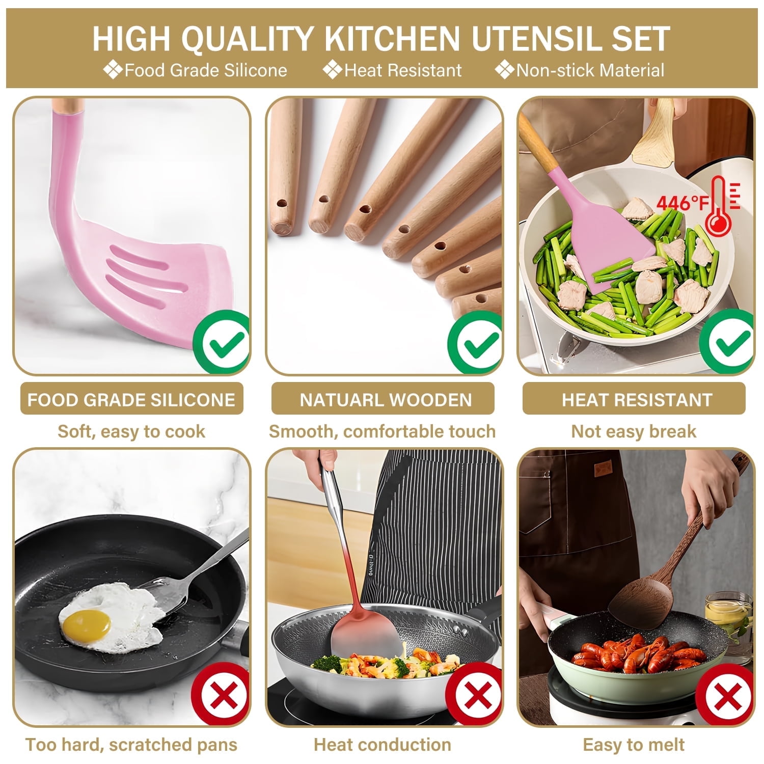 ACMETOP 19 Pieces Kitchen Utensils Set-11 Silicone Cooking Utensils Set, 6 Stainless Steel Sharp Knife set, 2 Cutting Board and Holder (Pink) - Image 6