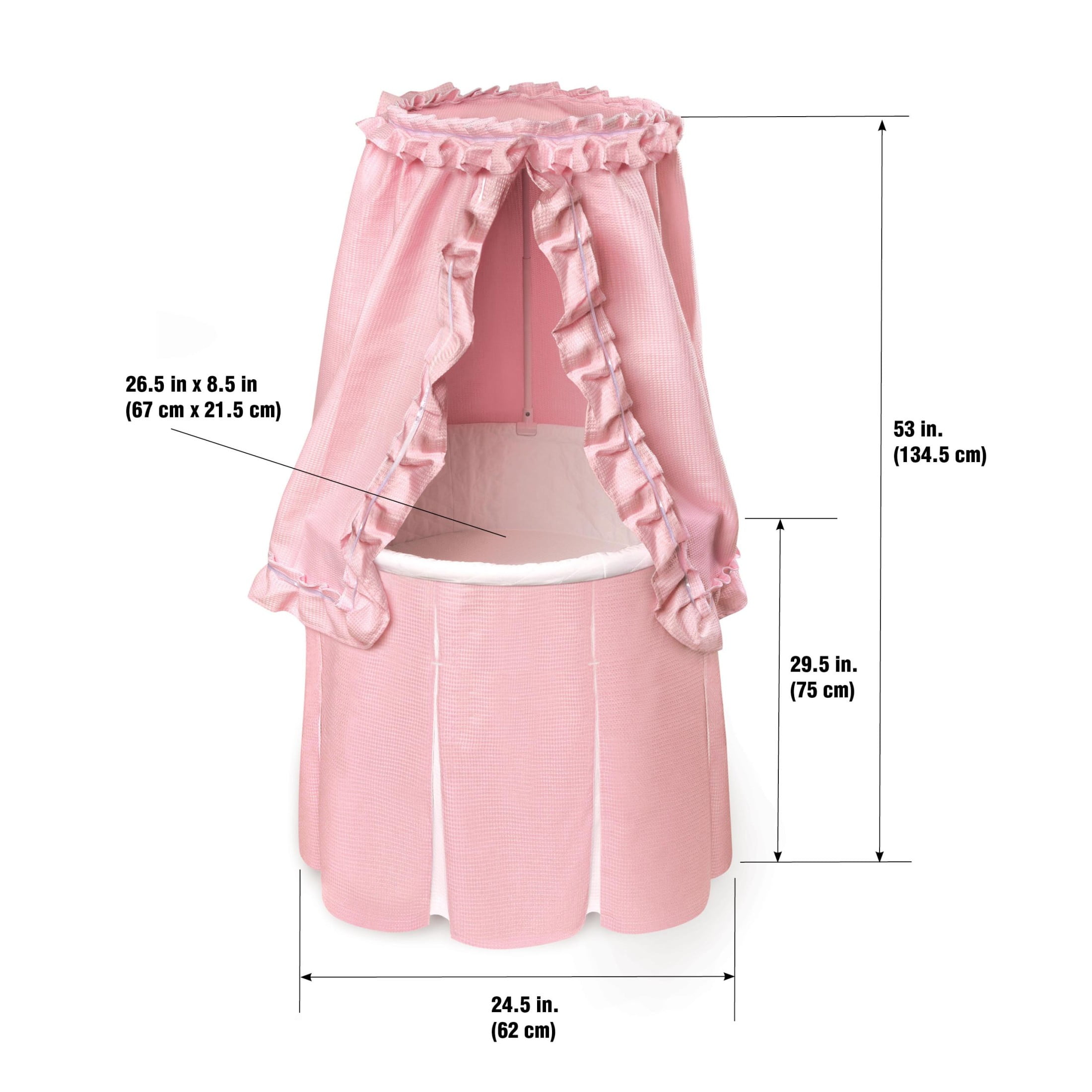 Badger Basket Empress Round Baby Bassinet with Canopy - Pink Bedding with White Pleats - Image 3