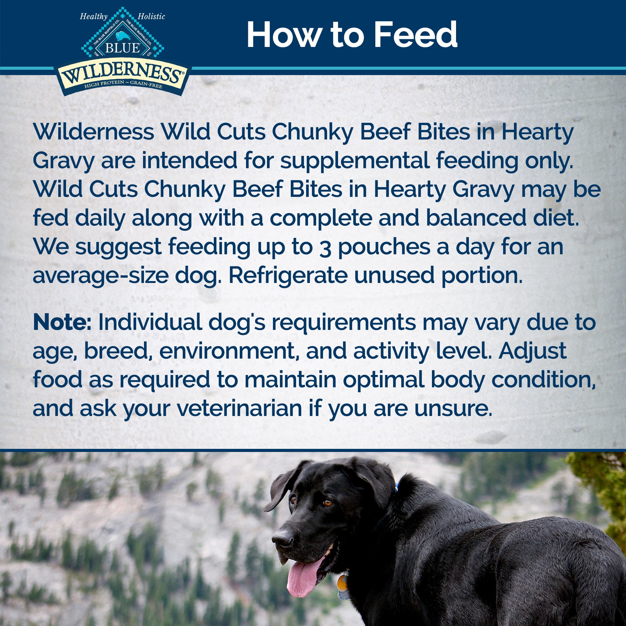 Blue Buffalo Wilderness Trail Toppers Wild Cuts High Protein Grain Free, Natural Wet Dog Food, Chunky Beef Bites in Hearty Gravy 3-oz pouch (pack of 24) - Image 2