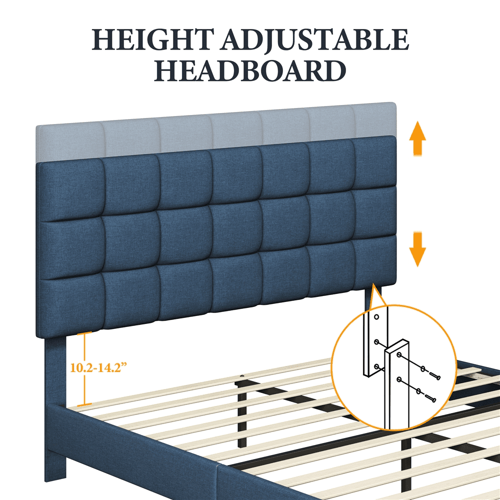 Yaheetech Modern Upholstered Platform Bed with Adjustable Tufted Headboard , Queen Size, Navy Blue - Image 3