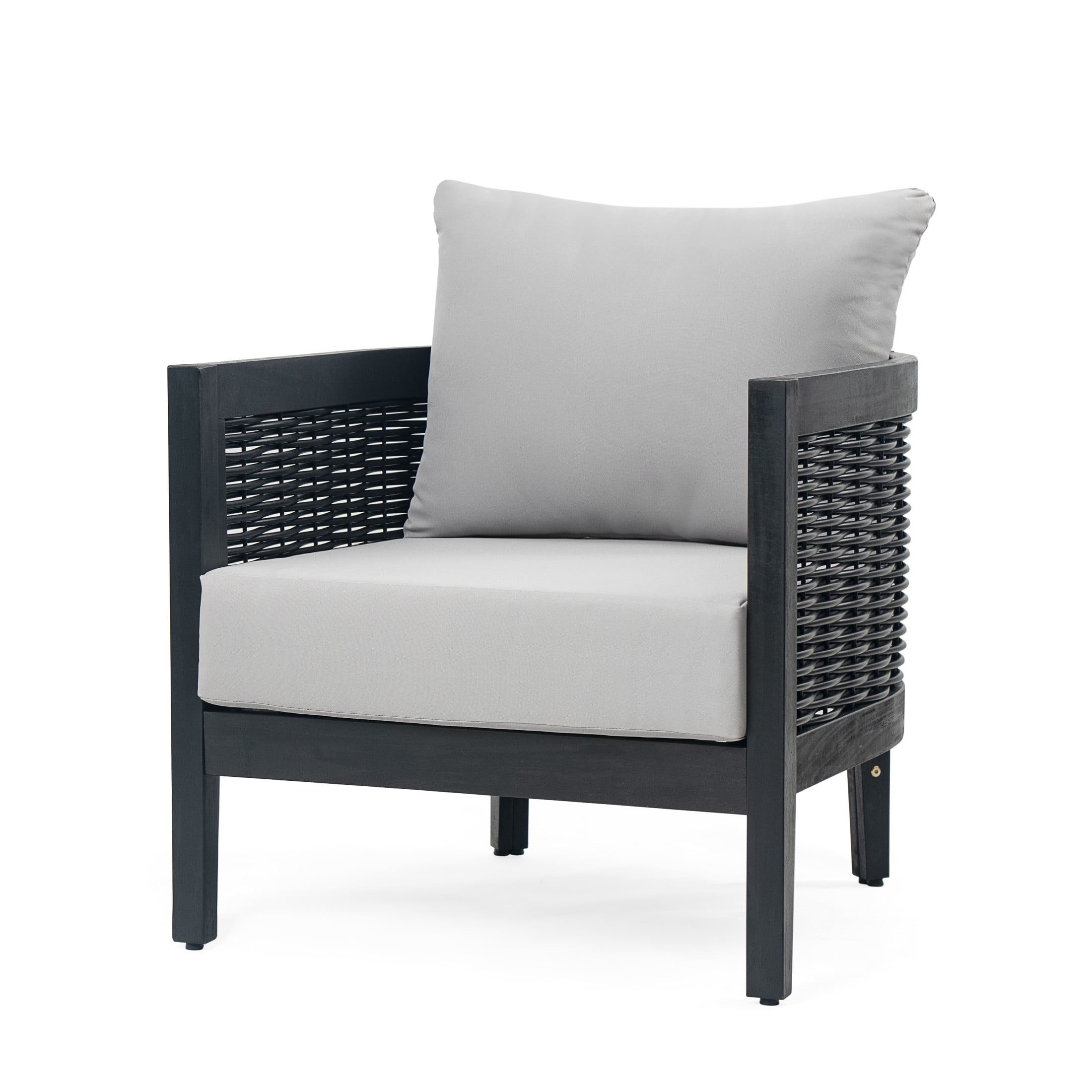 Felix Outdoor Patio Club Chair, Acacia Wood Wicker Armchair with Cushions, Black+Light Grey - Image 7
