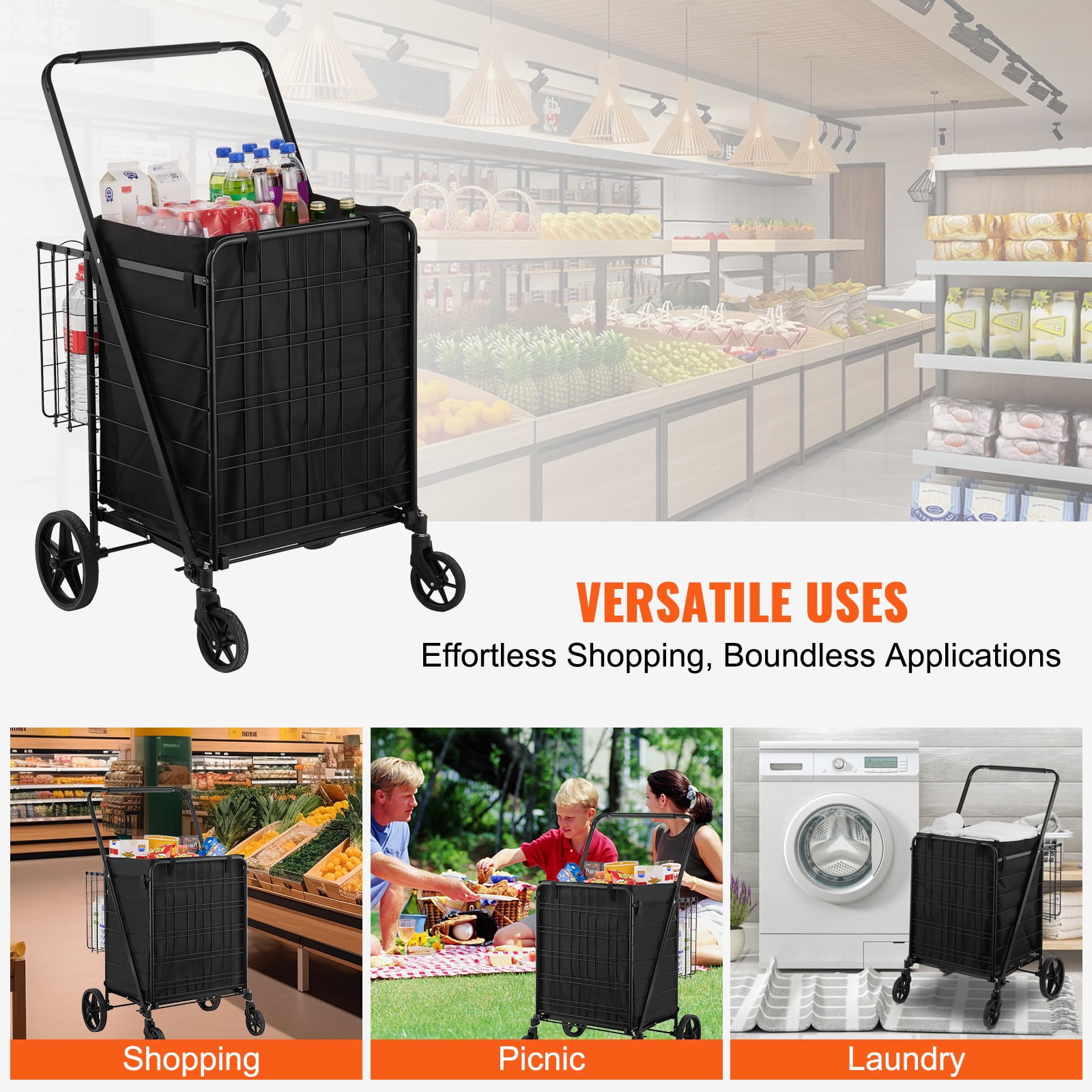 KFFKFF Collapsible Shopping Trolley with Detachable Rainproof Cover, 330LBS Spacious Grocery Cart with Double Basket, Omni-directional Wheels, Sturdy Metallic Mesh Foundation, - Image 5