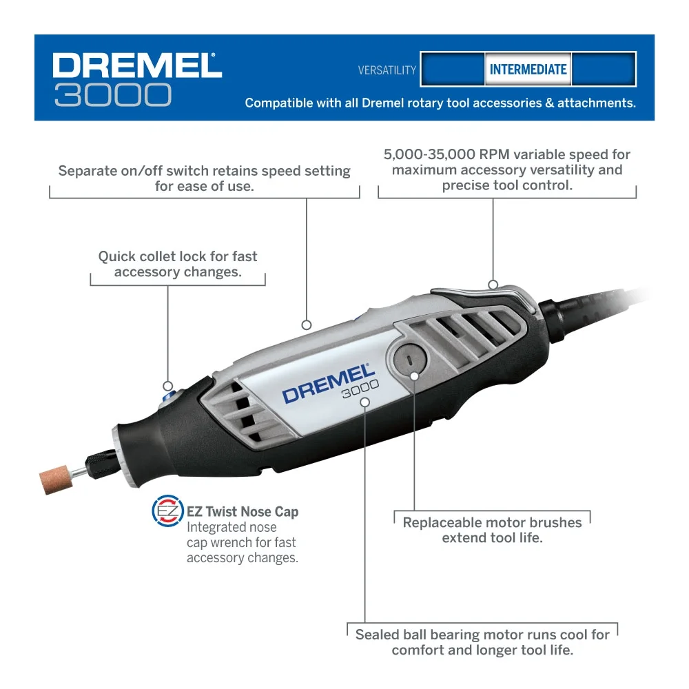Dremel 3000-2/28 Variable Speed Rotary Tool Kit, 2 Attachments & 28 Accessories, Perfect for Routing, Metal Cutting, Wood Carving, and Polishing - Image 8