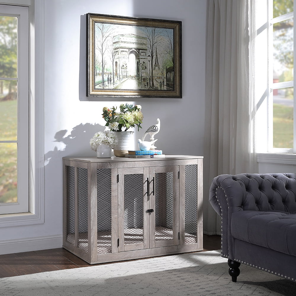 Unipaws Large Dog Crate with Cushion and Tray, Wooden and Metal Net Dog Kennels - Image 3