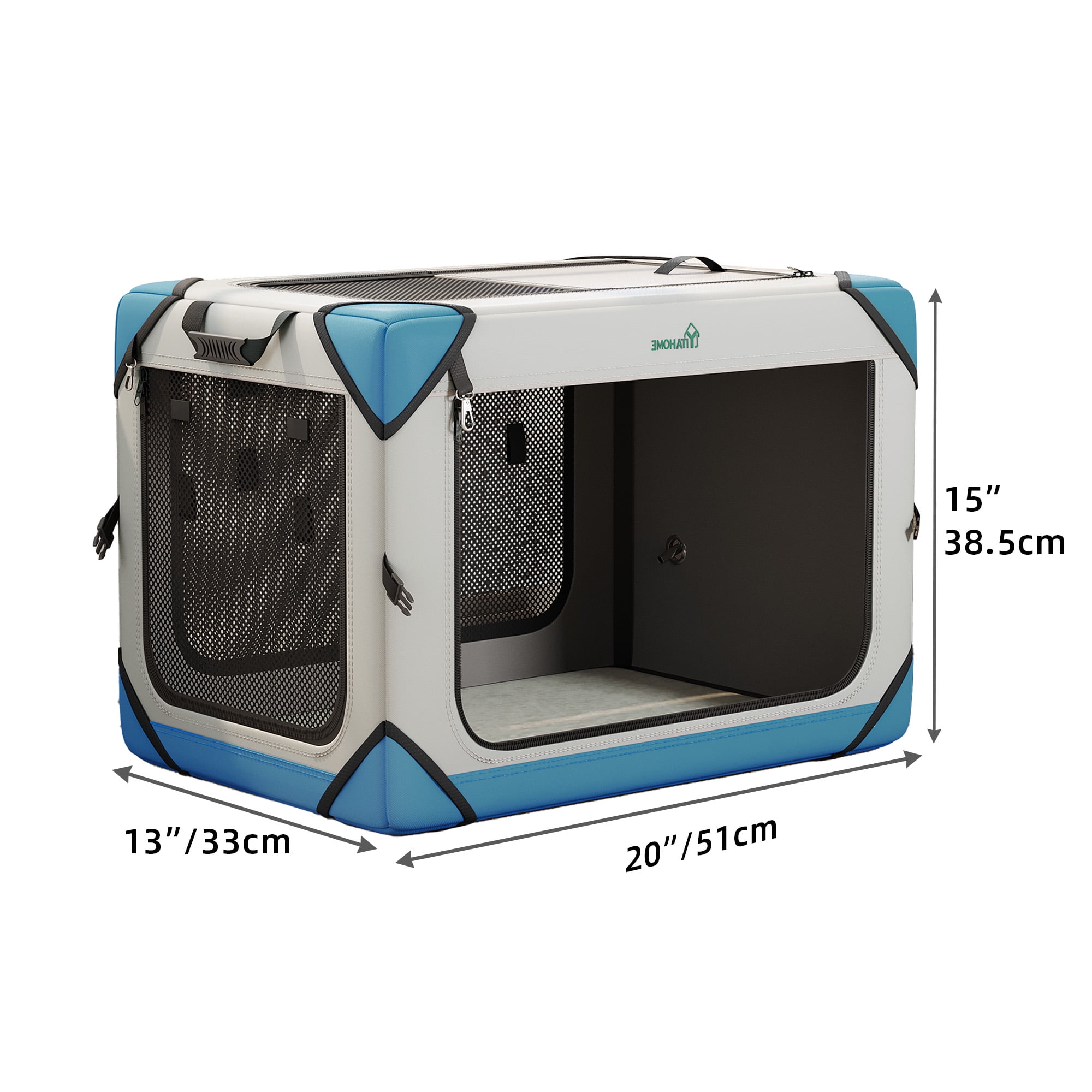 Dextrus Portable Dog Travel Crate, Large Collapsible Pet Carrier with 4 Doors and Sturdy Mesh Windows, Soft Dog Kennel for Indoor and Outdoor Use(20" L x 13" W x 15" H) - Image 2