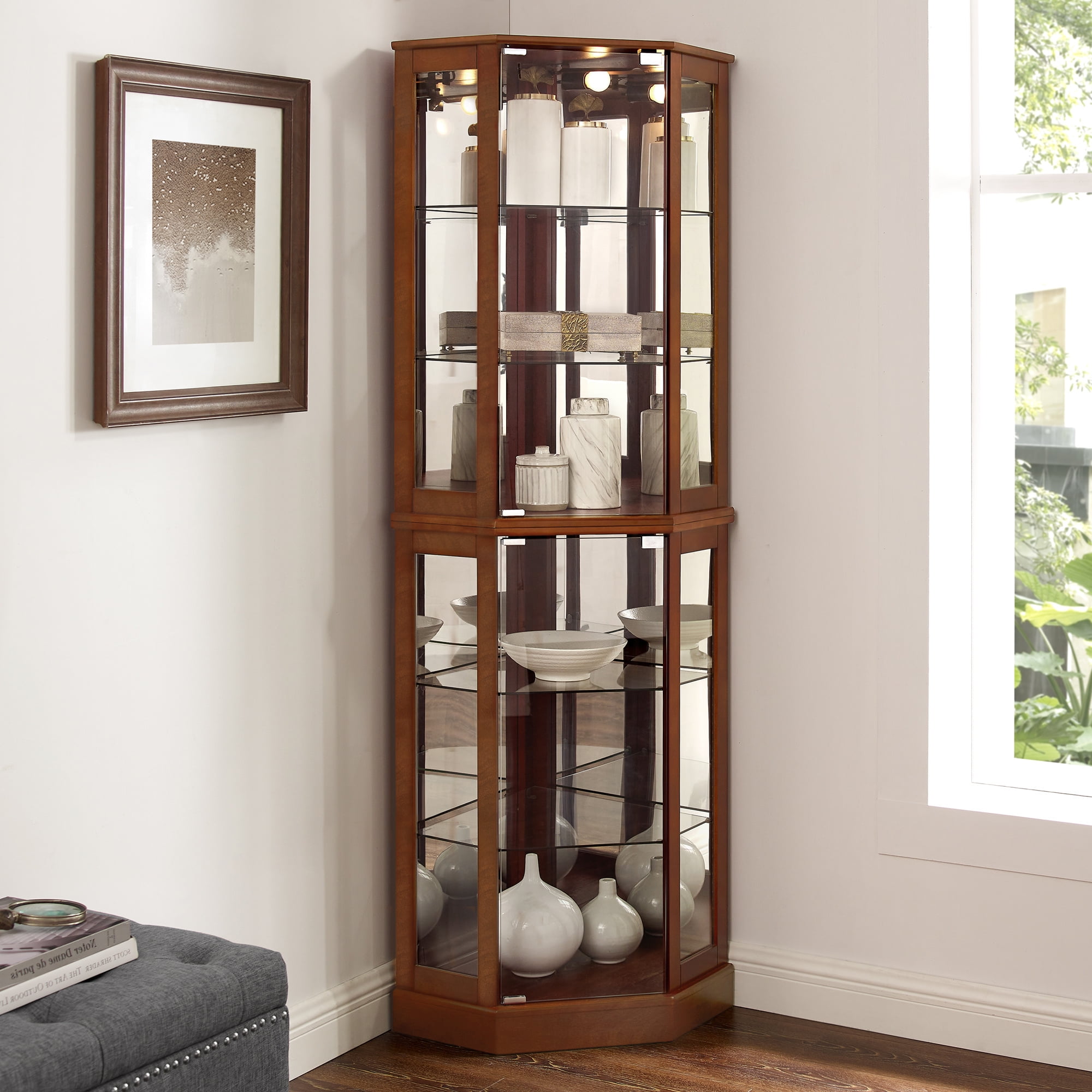 Miniyam 6 Shelf Corner Curio Display Cabinet with Lights, Glass Doors, Walnut - Image 5