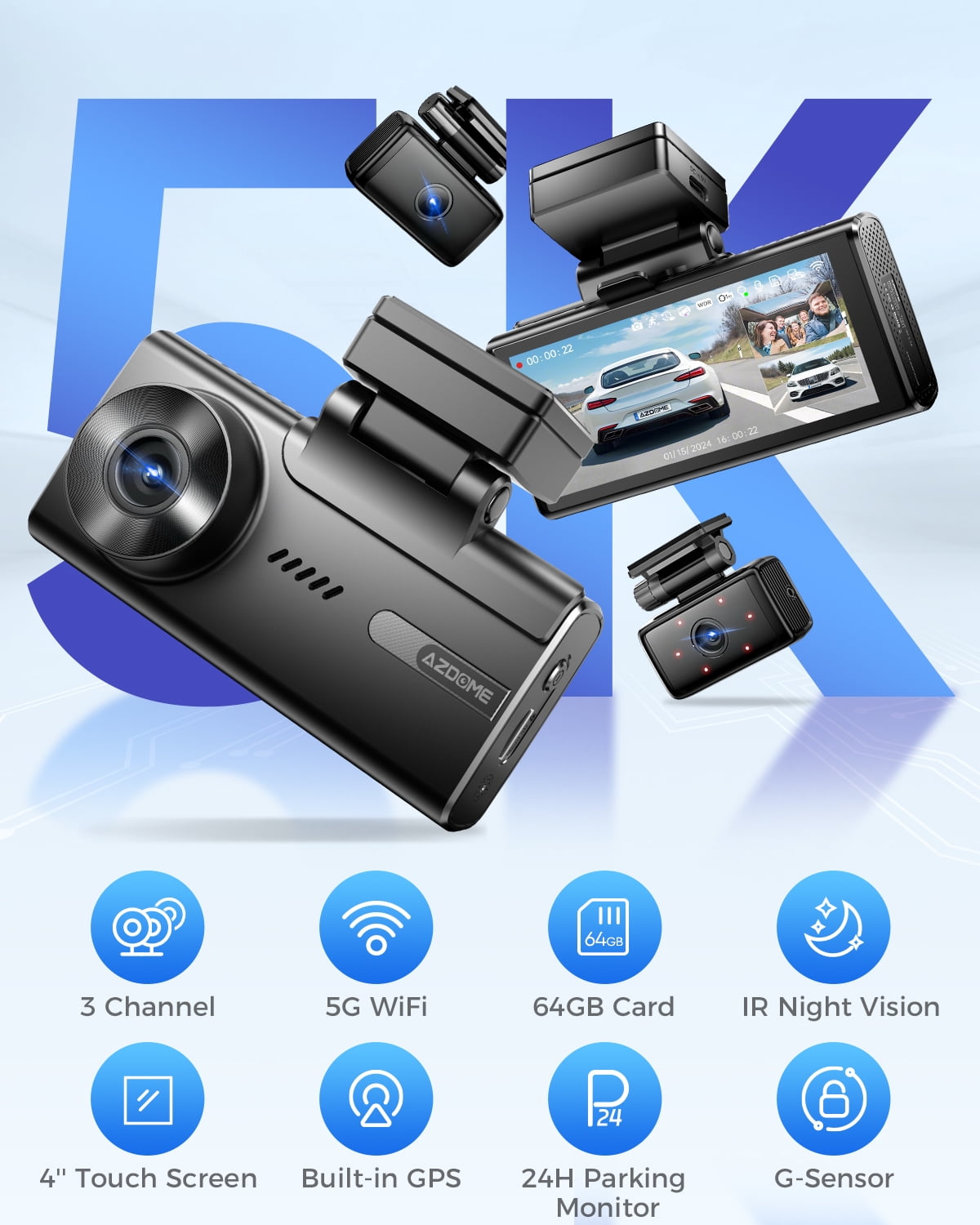 AZDOME Car Dash Cam 3 Channel, 5K Dash Camera Front and Rear Inside 4K+1080P+1080P, Dashcam with WiFi & 64GB Card, IR WDR Night Vision, 4" Touchscreen GPS 24H Parking Mode G-Sensor Loop Recording - Image 2