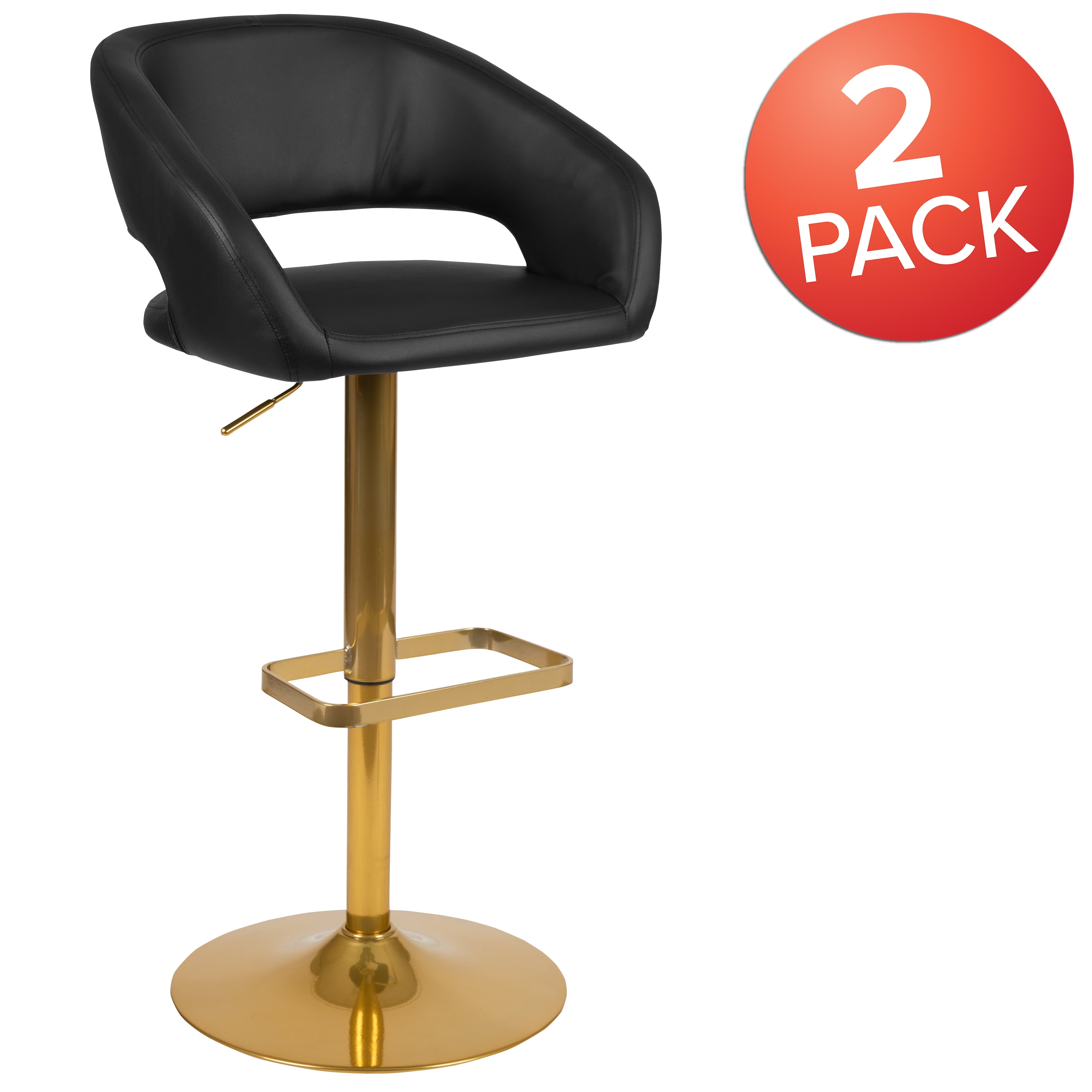 Flash Furniture Erik Contemporary Black Vinyl Adjustable Height Barstool with Rounded Mid-Back and Gold Base, Set of 2 - Image 2