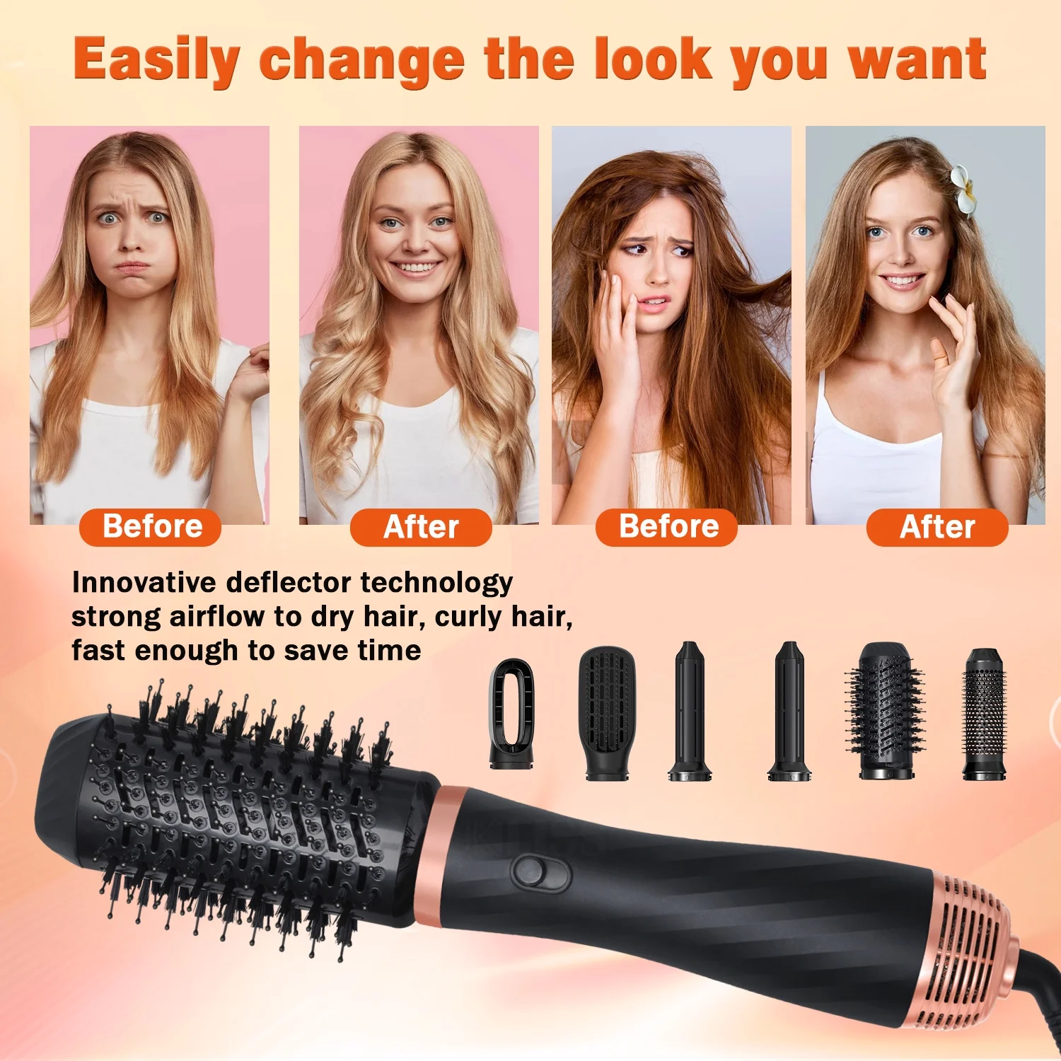 Atopskins 6 in 1 Hot Air Brush, Professional Hair Dryer Brush Blow Dryer Brush Detachable Design Styling Tools 3 Temp for Straightening, Curling and Drying - Image 8