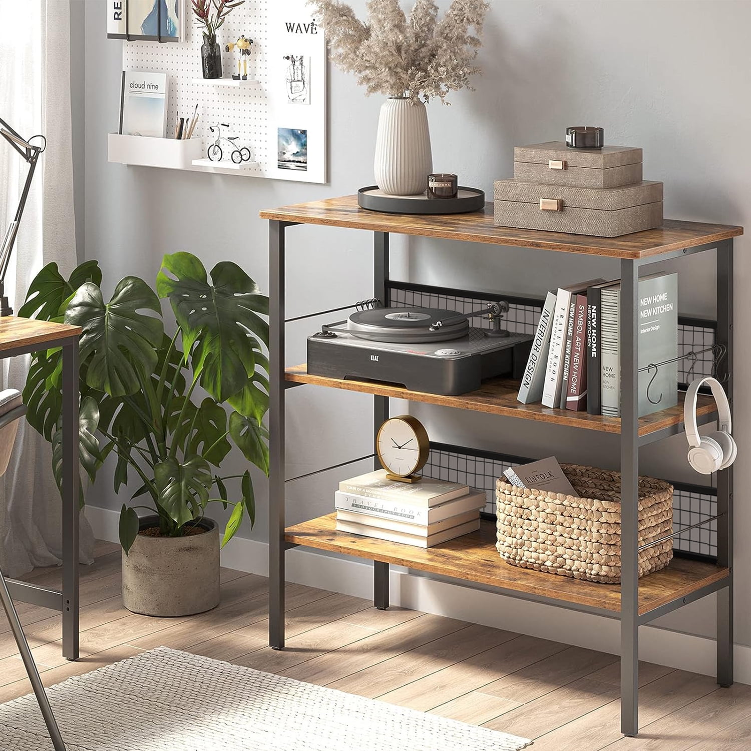 Behost 3-Tier Rolling Cart Microwave Stand with 10 Hooks, Coffee Bar Kitchen Storage Rack Organizer, Rustic Brown - Image 3