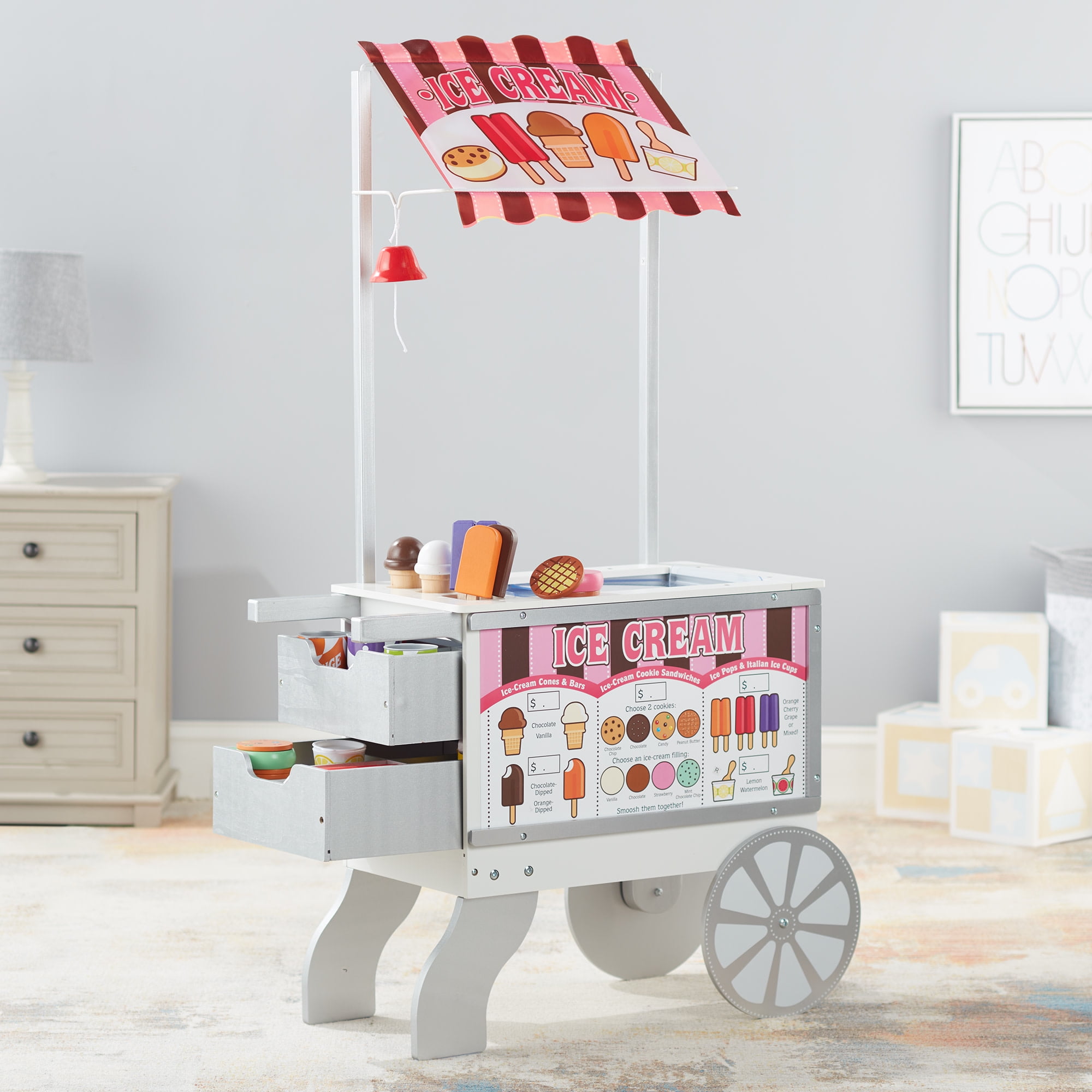 Melissa & Doug Wooden Snacks and Sweets Food Cart - 40+ Play Food Pieces, Reversible Awning - Image 2