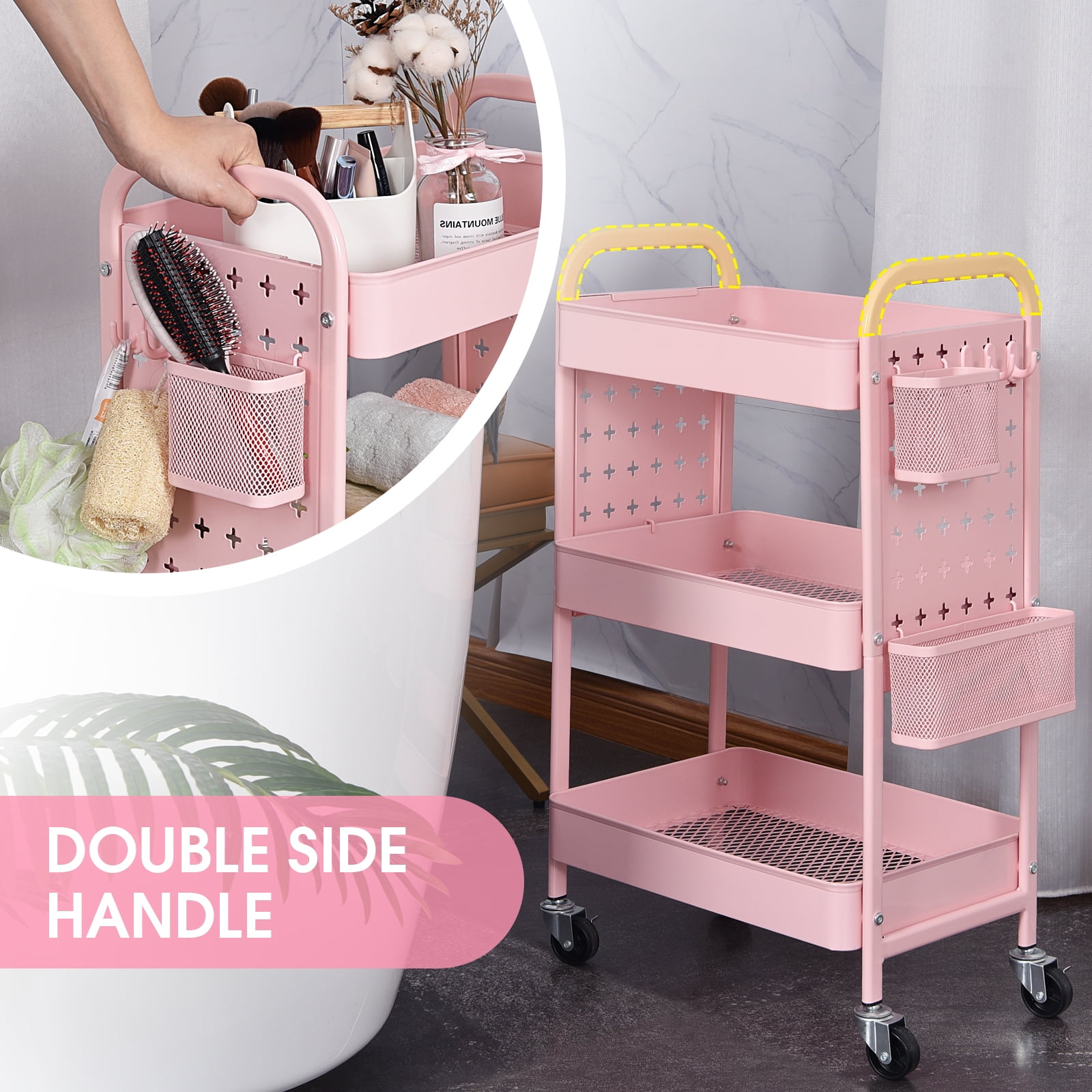 TOOLF 3-Tier Rolling Cart, Utility Storage Cart with DIY Dual Pegboards, Organizer Serving Trolley, Pink - Image 6