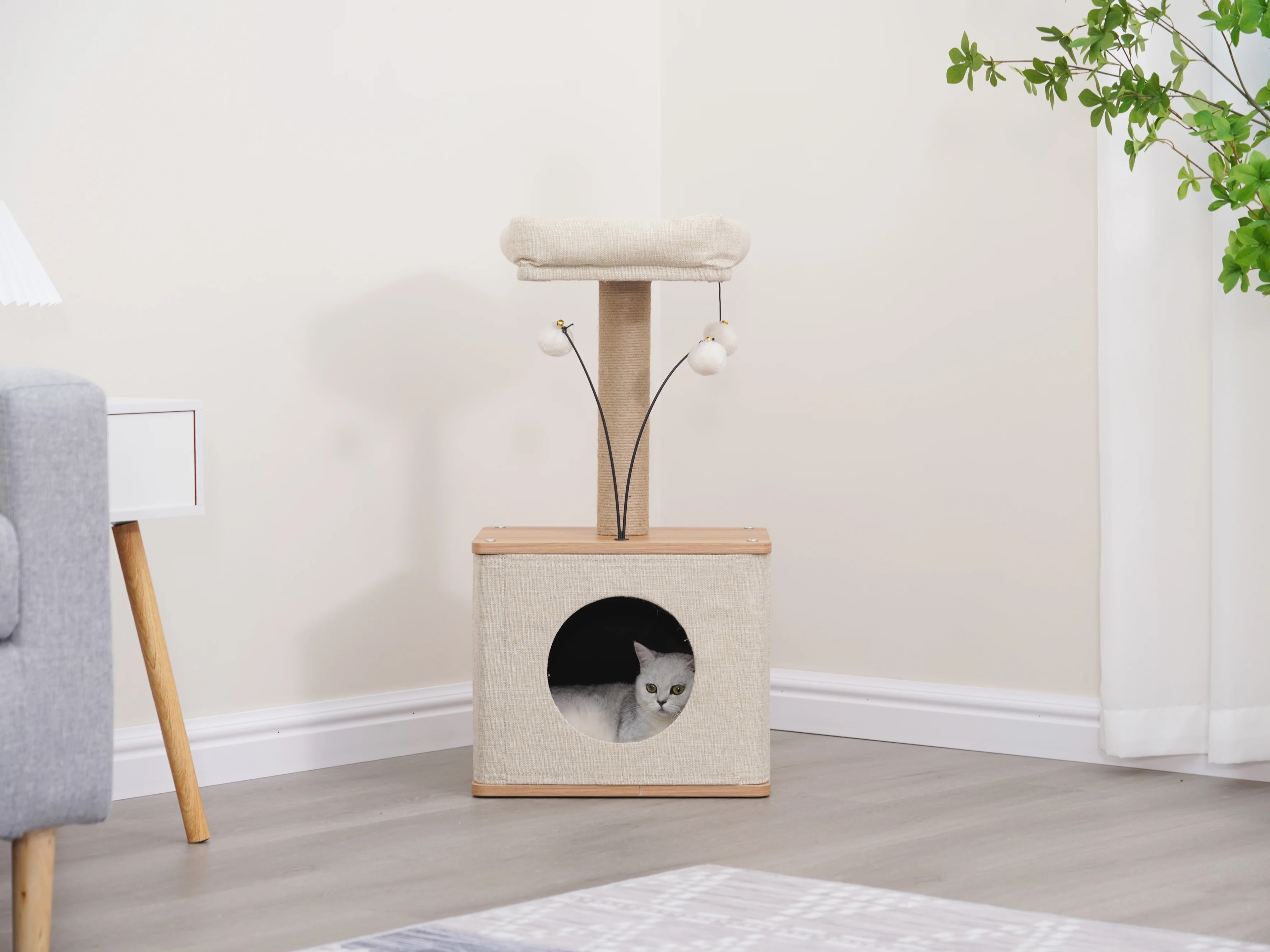Vibrant Life 3-Level 30" Minimalist Cat Tree with Large Condo and Perch, 3 Toys, Beige - Image 9
