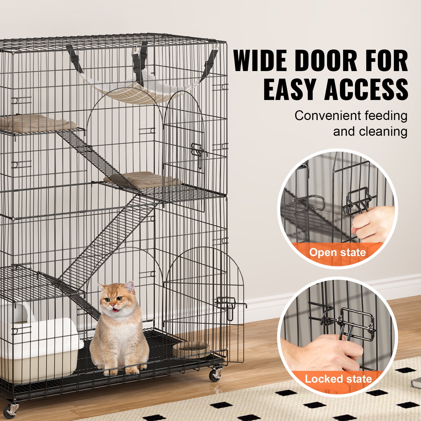 VEVOR Catio, 4-Tier Large Cat Cages Indoor, Detachable Metal Playpen Enclosure with 360 Rotating Casters, with 3 Ladders and a Hammock for 1-3 Cats, 35.4x23.6x51 inch - Image 6
