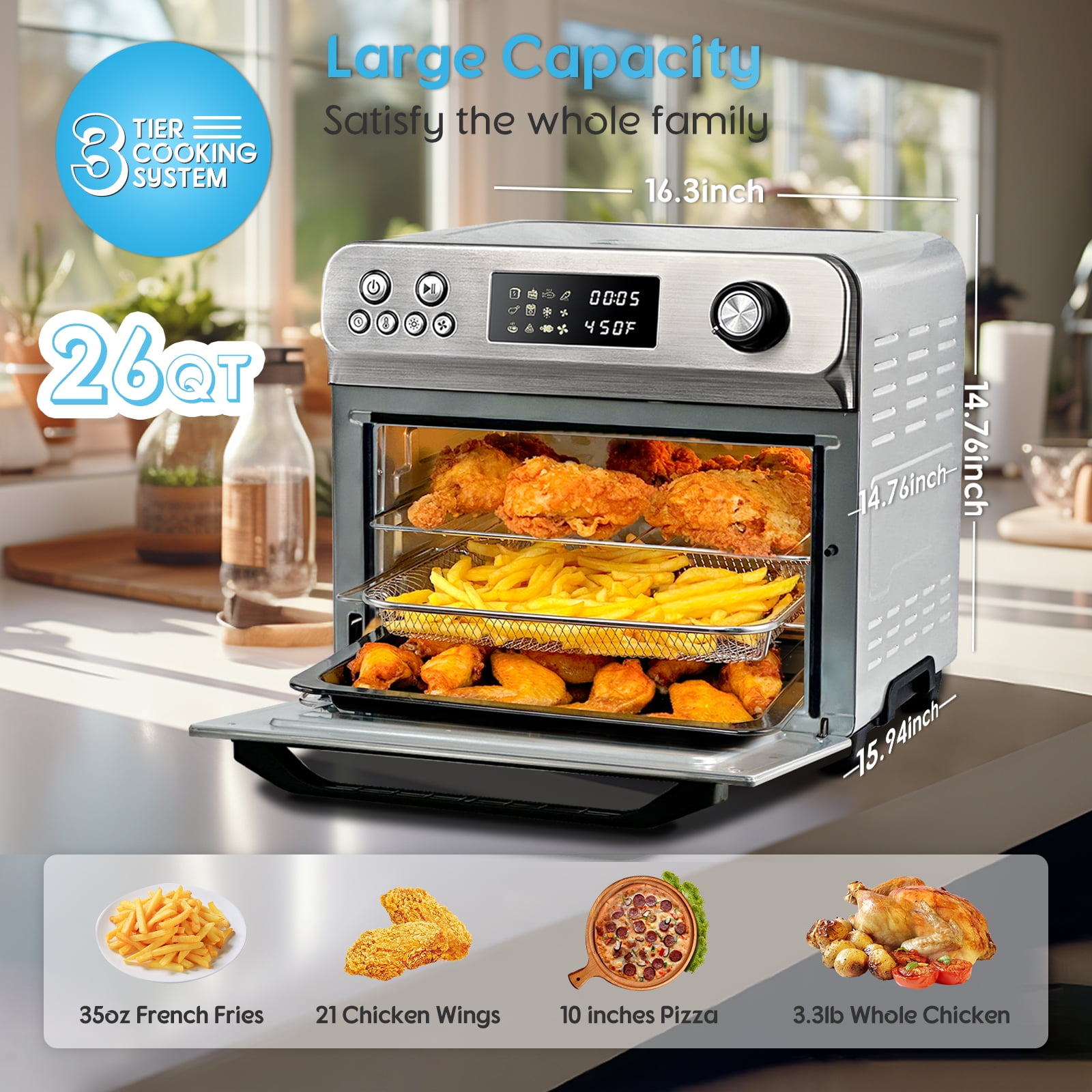HYSapientia 26QT Air Fryer Oven With Rotisserie 1800W Toaster Oven Air Fryer Combo, 10 in 1 Convection Oven Countertop, Airfryer Toaster Oven, Mini Toaster Oven,Easy to clean - Image 11