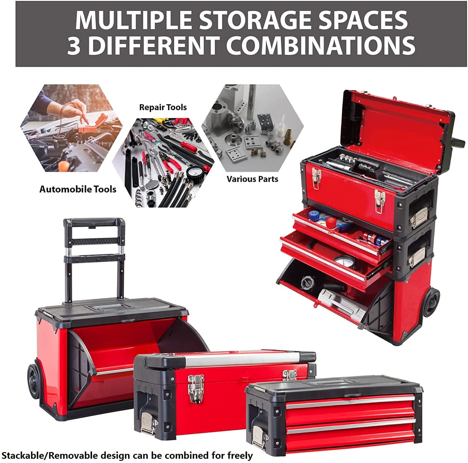 Big Red Portable Garage Red Tool Box with 3 Drawers,Dmtrjf-c305abd - Image 3