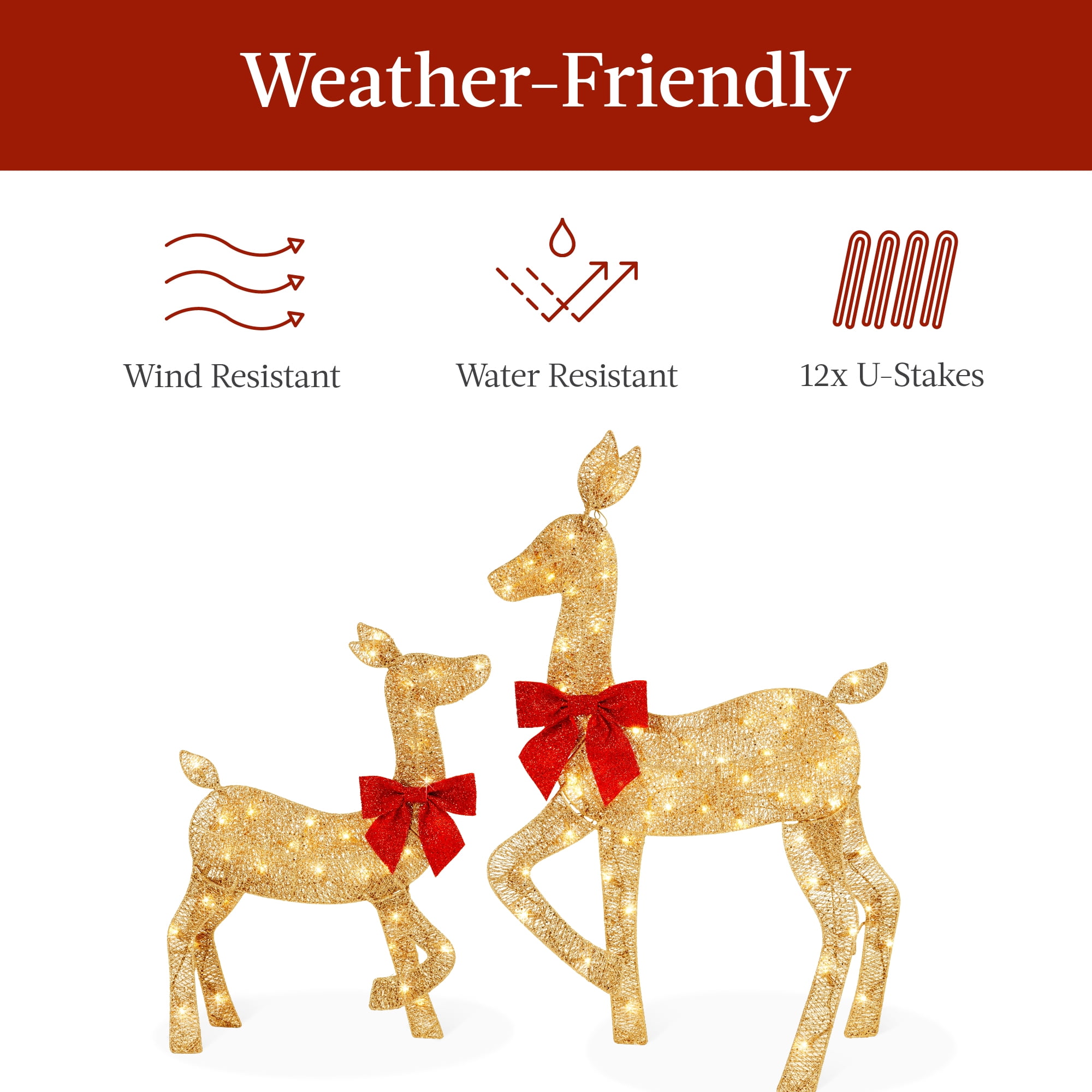Best Choice Products 3-Piece 2D Deer Family Set, Lighted Christmas Outdoor Decoration w/ 175 Lights, Stakes - Gold - Image 4