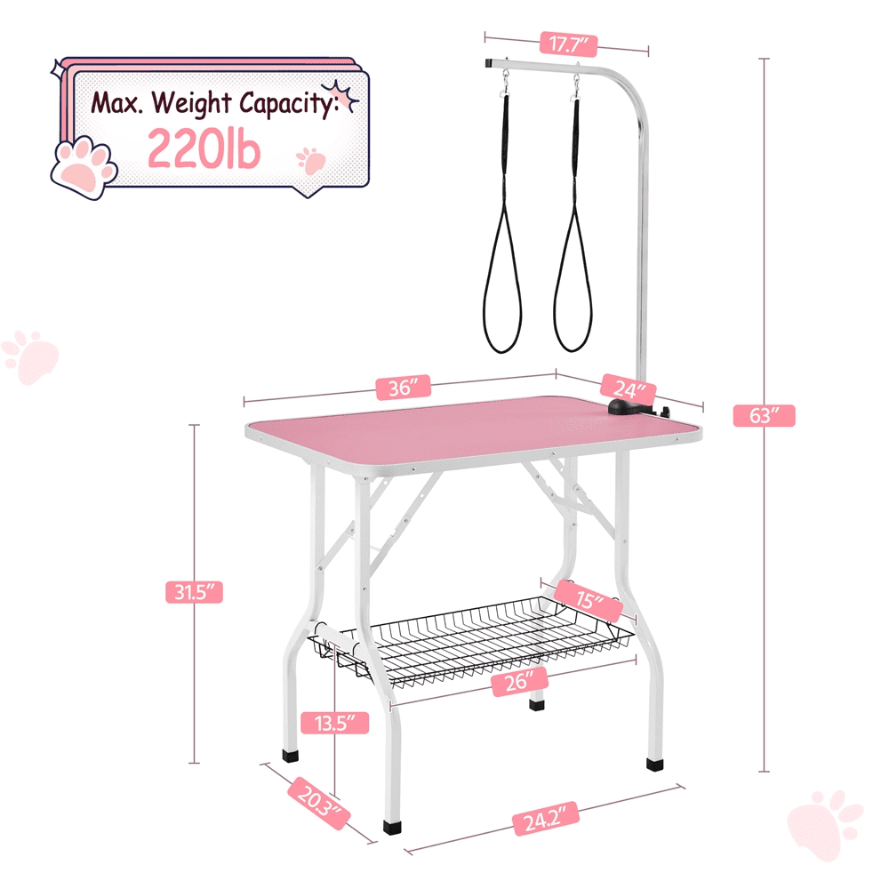 Renwick 36inch Pet Grooming Table Folding Adjustable Arm with Clamp, Pink - Image 4