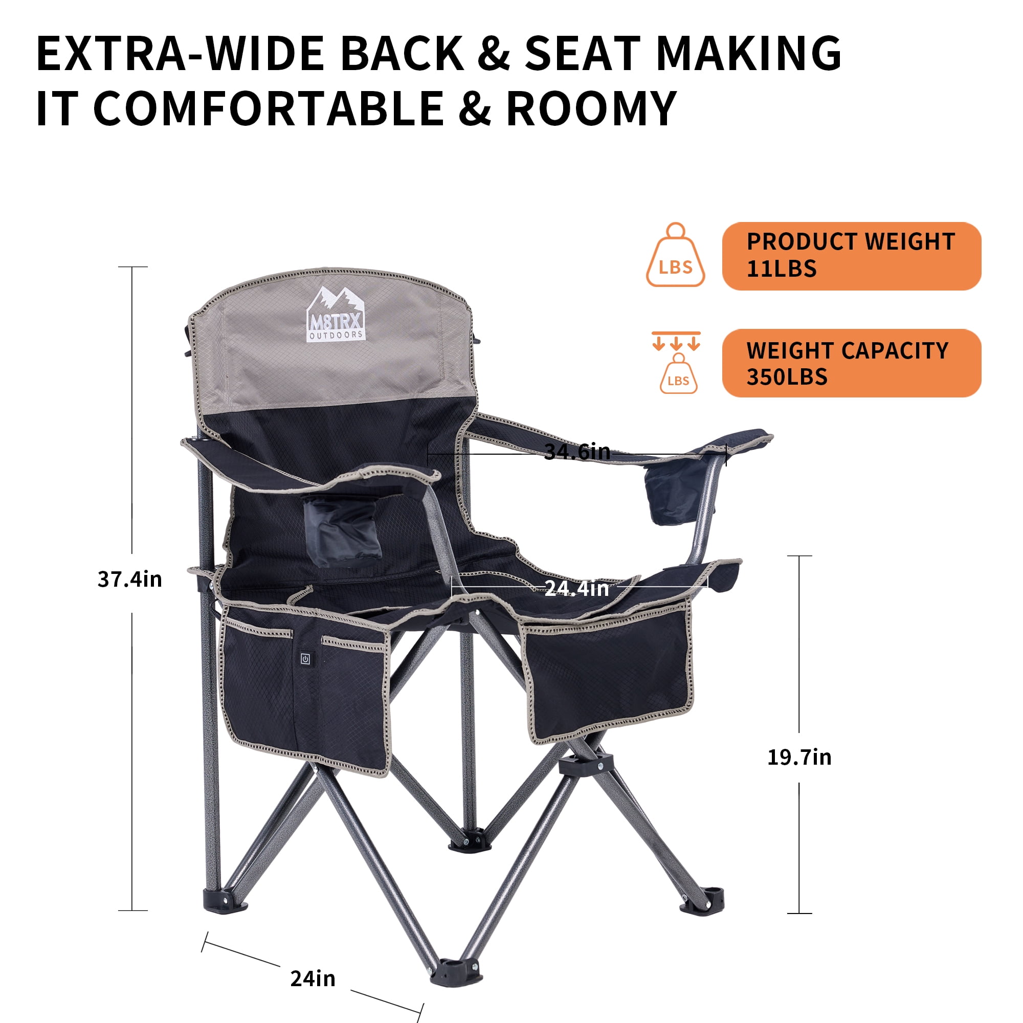 M8TRX Outdoors Heated Camping Chair, Portable Chair w/ 5000mAH Power Bank, 3 Heat Levels, USB Charging Port, Black - Image 2