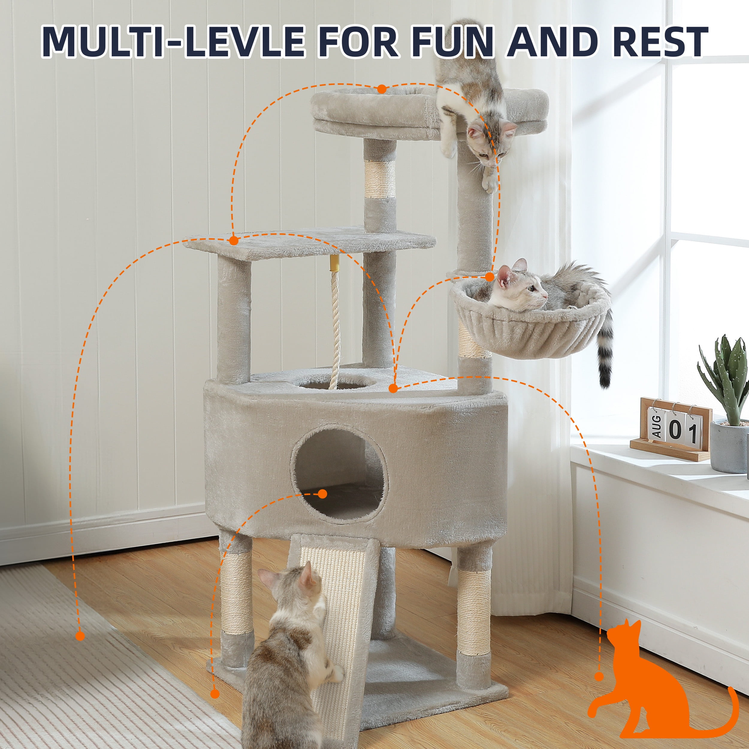 Vibrant Life 50inch Cat Tree Tower with Large Condo and Perch for Indoor Cats, Light Gray - Image 3