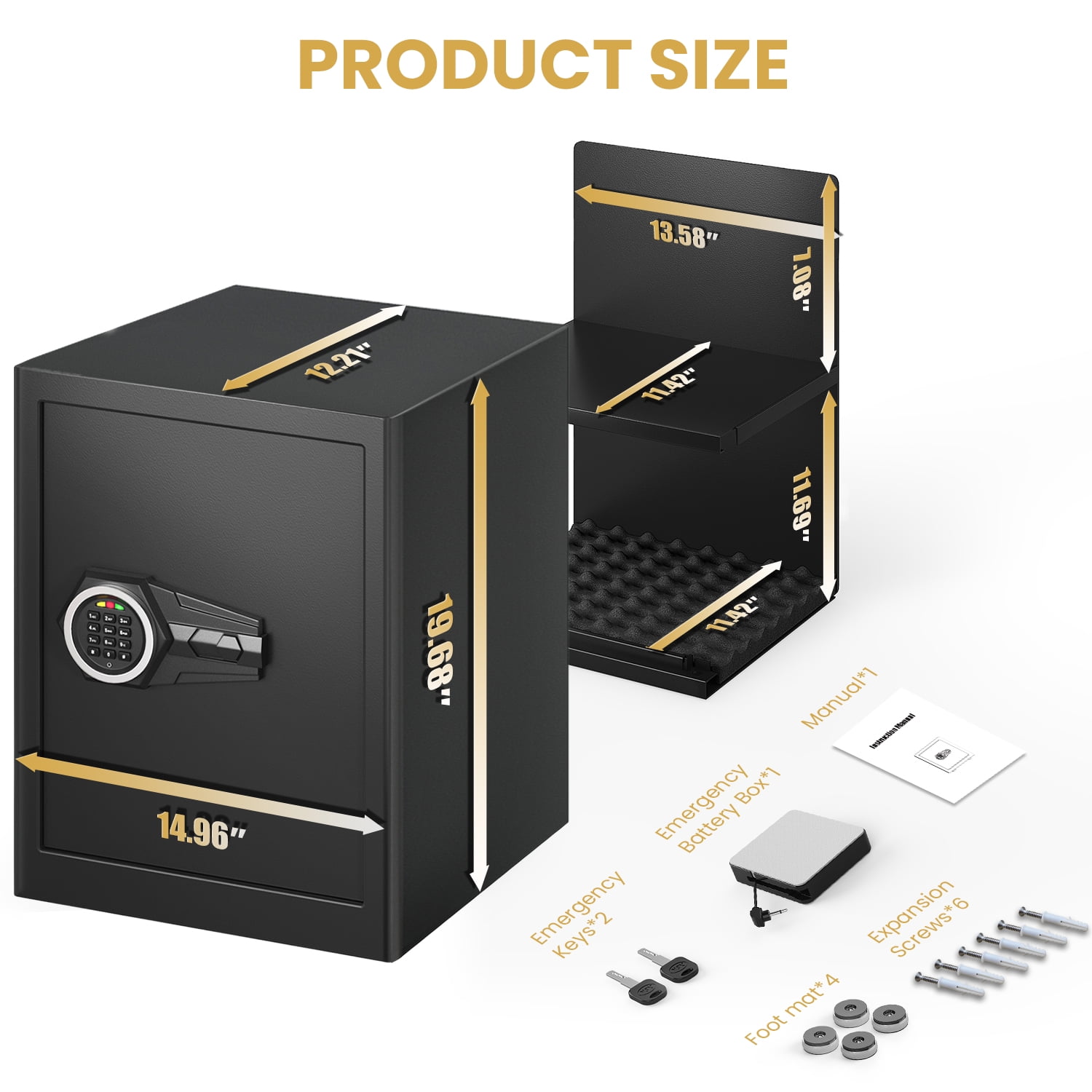 Kavey 2.3 Cub Large Safe Box, Home Safe with LED Light and Removable Shelf, Money Safe with Key Hook & Document Bag, Safe for Money Jewelry Document Valuable - Image 3