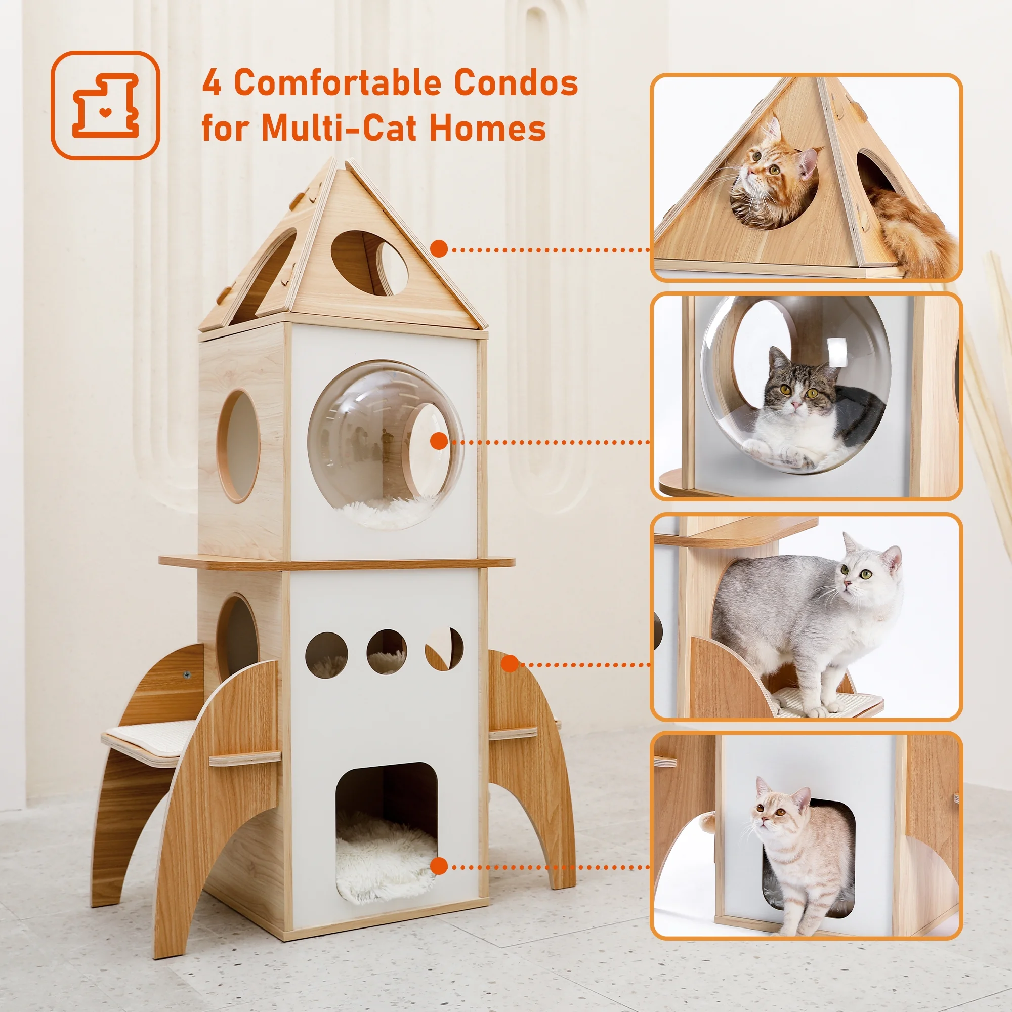 PAWZ Road Modern Cat Tree 54" Rocket Cat Tower Spaceship 3 Condo Cat Furniture for Indoor Cats, Beige - Image 2