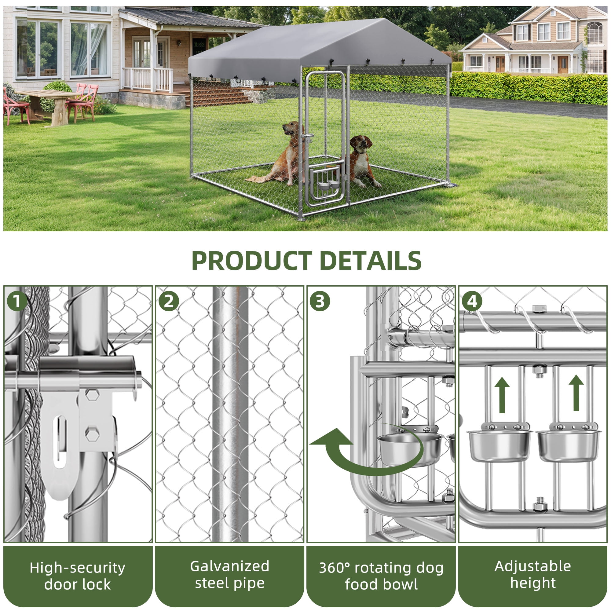 Uforic 7.5'x7.5' Outdoor Dog Kennel with Rotating Feeder Bowls, Outdoor Dog Enclosure with Roof, Heavy Duty Dog Kennel for Backyard Farm - Image 7