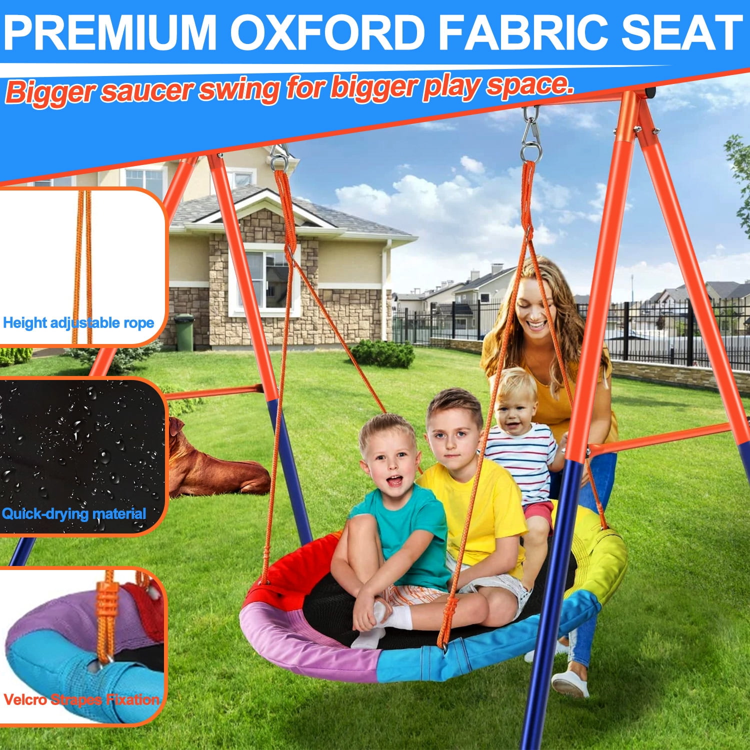 Swing Set for Kids, Heavy Duty Frame Metal Swing Stand with 1 Saucer & 1 Belt Swing Seat for Outdoor - Image 5