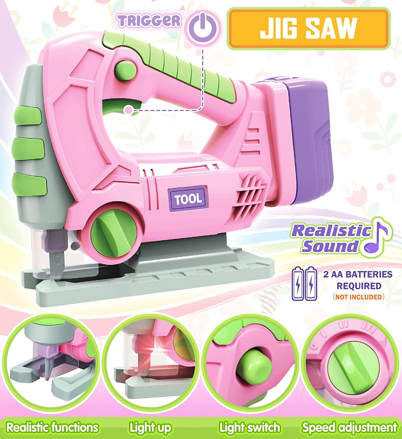 Exercise N Play Kids Tool Set with Electric Toy Drill Chainsaw Jigsaw Toy Tools for Kids Girl (Pink) - Image 3