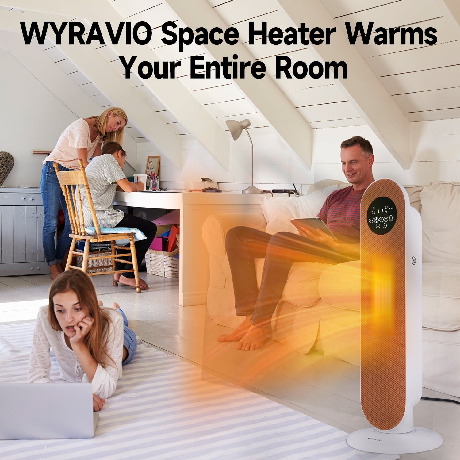 WYRAVIO 1500W Space Heaters for Indoor Use,80° Oscillating Portable Electric Heaters with Thermostat, Remote, 3 Modes,Fast Safety Heat,12H Timer, Overheat Protection, Heater for Bedroom Home Office - Image 3