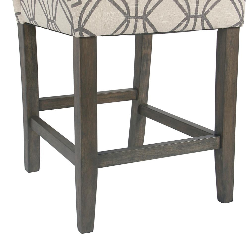 Wooden 24 Inch Counter Height Stool with Trellis Pattern Fabric Upholstery Cream and Gray - Saltoro Sherpi - Image 2
